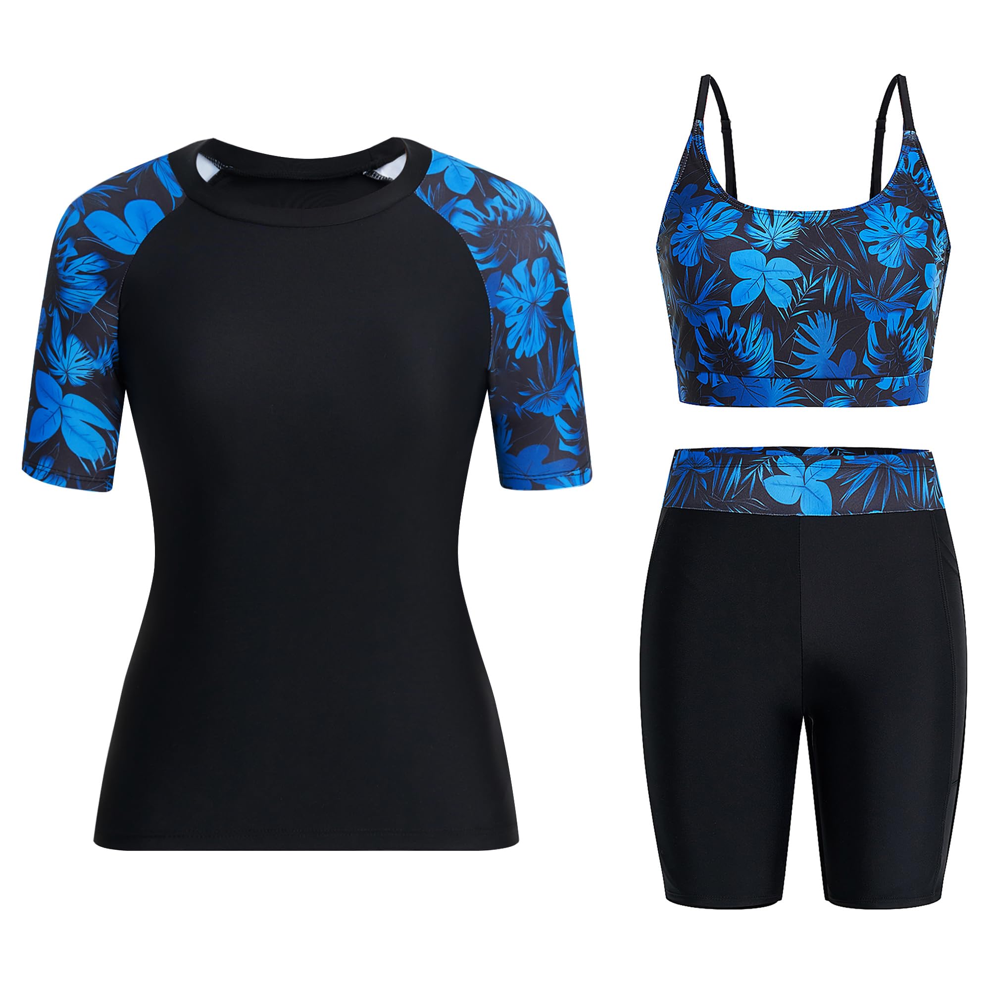Owntop Maillot de bain 3 pièces Rashguard UPF50+ UV pour femme | Rashguard à manches courtes, haut de bikini et short taille haute