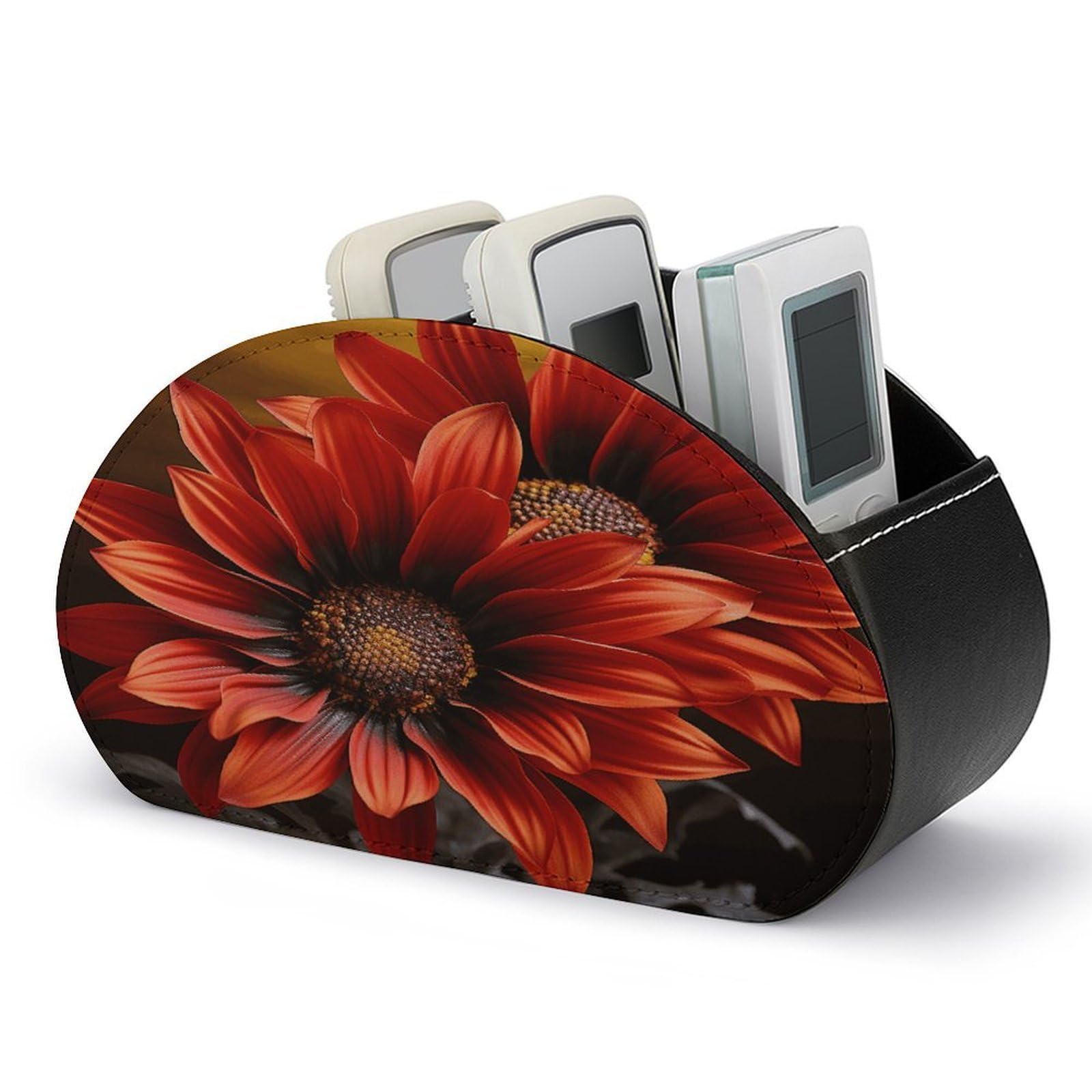 VstaDank Red Sunflower Remote Control Holder with 5 Compartments Pu Leather TV Remote Caddy Storage Box Desktop Organizer Store Controller DVD Brush Pens Glasses&Office Supplies