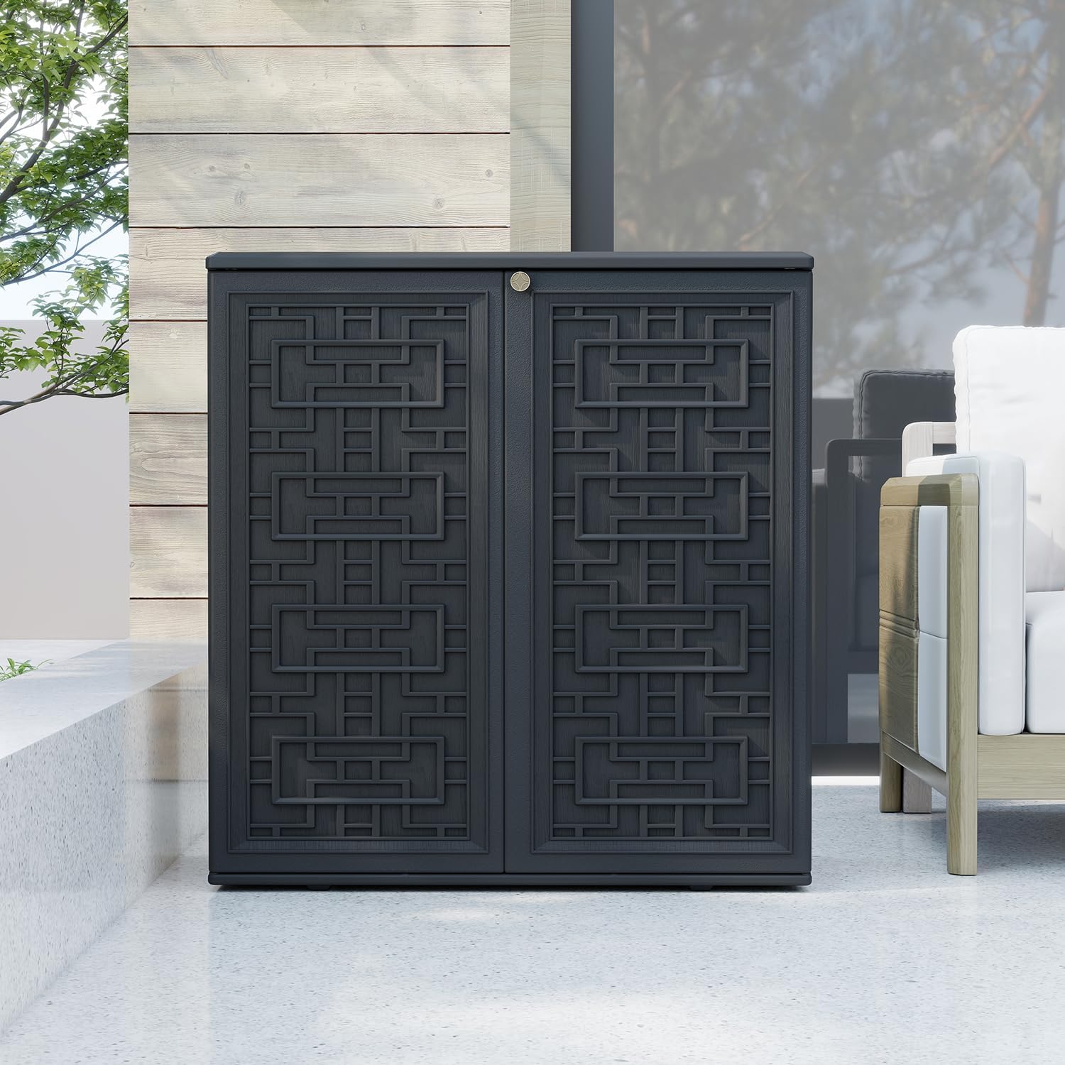 HOMSPARK Indoor/Outdoor Storage Cabinet with Doors and Shelf, 34”x15”x36” HDPE Plastic Storage Box Waterproof for Patio, Garden, Balcony, Multi-Purpose for Daily Tools, Black