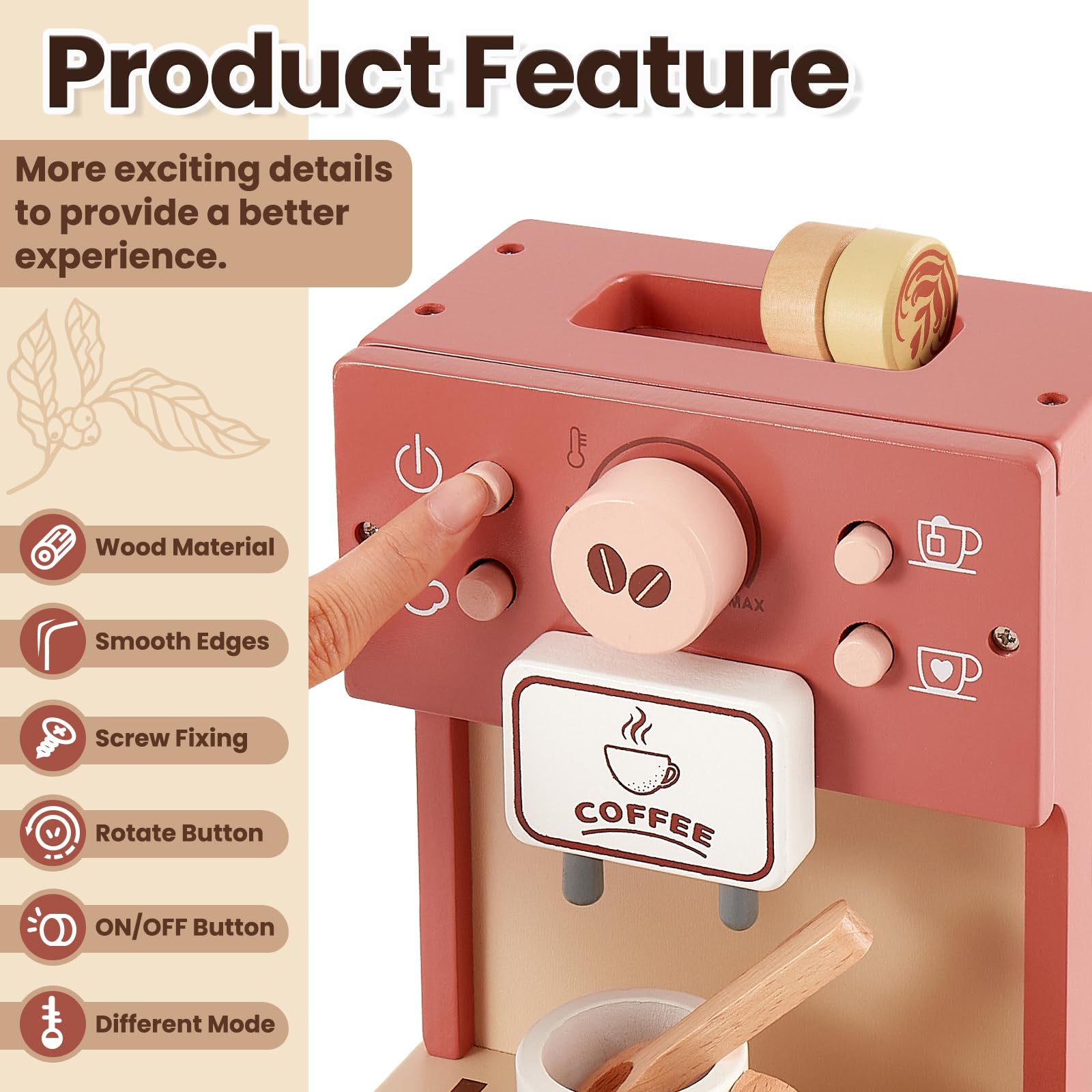 BUYGER Cafetiere Enfant en Bois pour Garçon Fille 3+ Ans, Accessoire Dinettes Cuisine, Machine à Café Jouet de Cuisine Enfant Cadeau de Jeu de Rôle Éducatif pour Garcon Fille