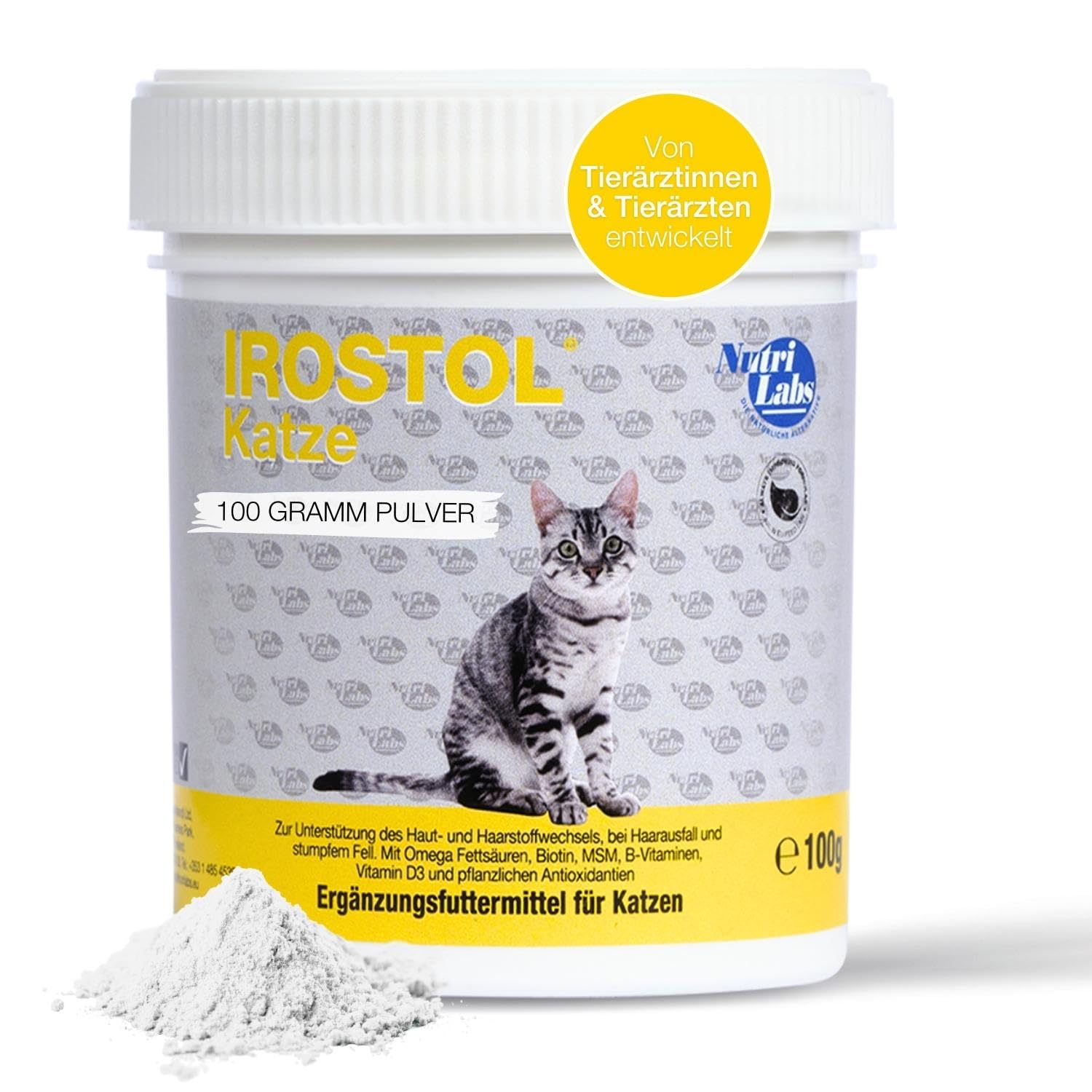 NutriLabs Irostol® Pulver 100 g - Nahrungsergänzung mit MSM, Biotin & Omegafettsäuren - wichtige Katzen Vitamine - Gesundheitsprodukte für Katzen - Fellpflege Katze