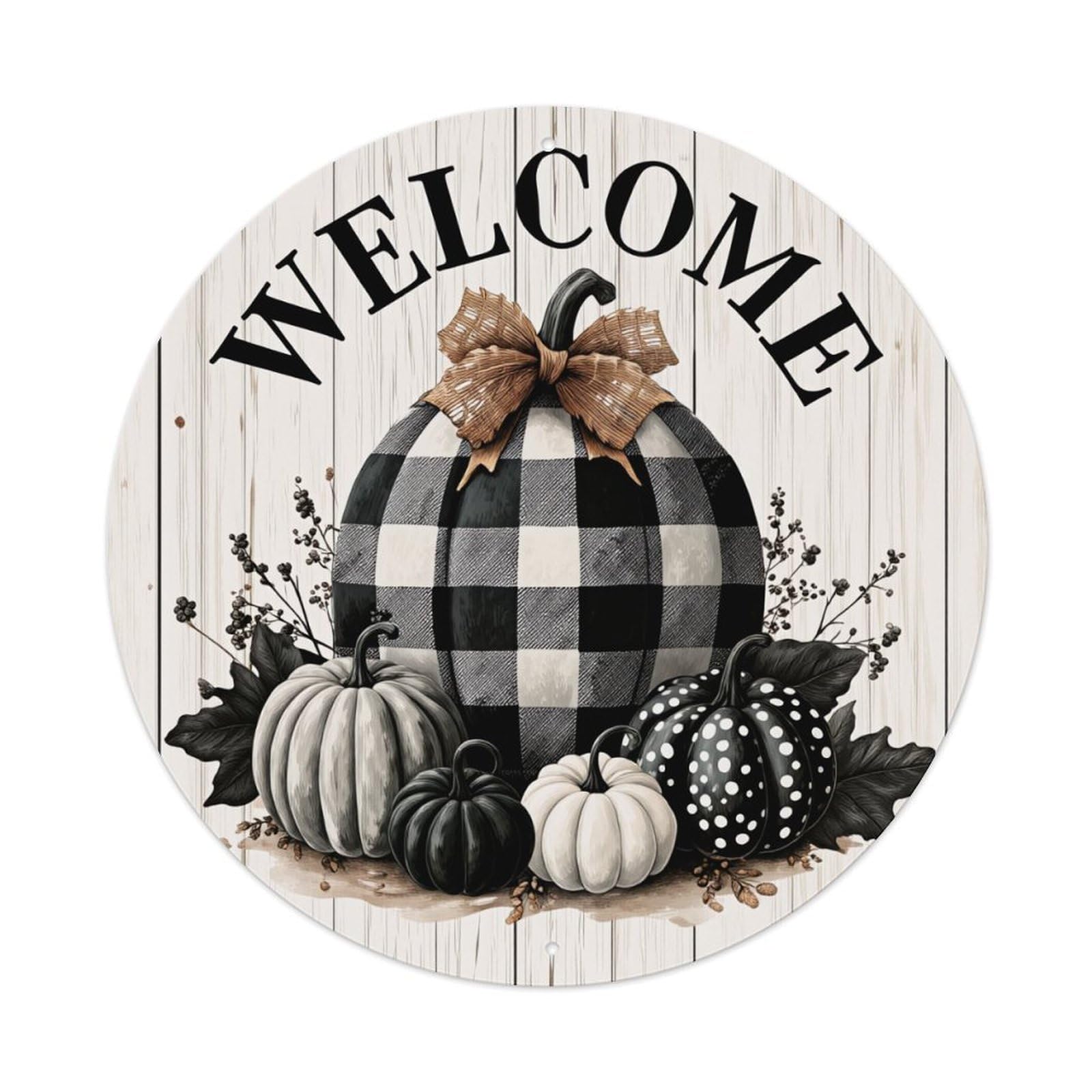 Black And White Checkered Pumpkin Round Tin Sign Vintage Metal Poster, Home Bar Garage Man Cave Cafe Indoor & Outdoor Wall Decoration 8x8Inches