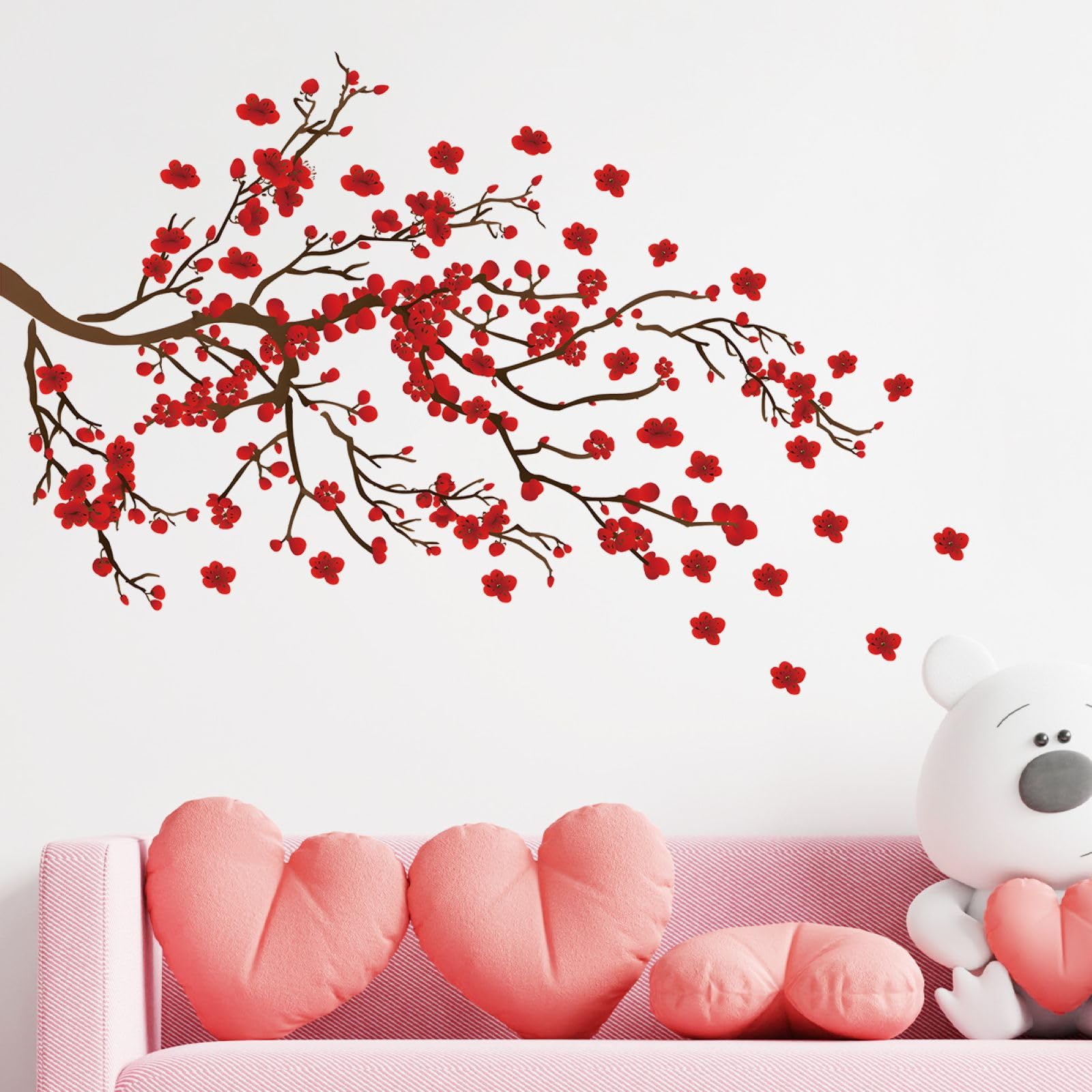 FUFUQUARE Red Plum Blossom Wall Stickers Chinese Ink Flower Branch Wall Decals Removable Peel and Stick Decor for Living Room Bedroom Sofa TV Background