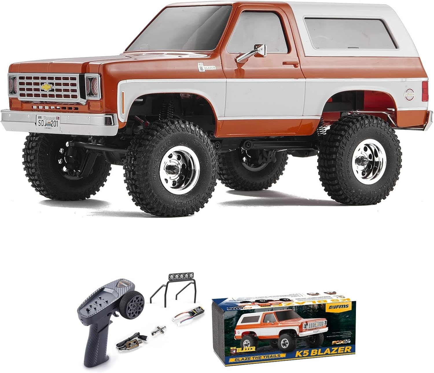 FCX24 FMS 1/24 RC Crawler Chevy K5 Blazer Officially Licensed, Mini RC Car Pick Up Truck & SUV 2 in 1, 4WD 8km/h 2 Speeds Switch, 2.4GHz 3CH Off-Road RC Model with LED Lights for Adults (Orange)