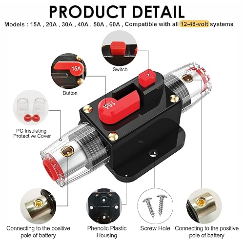 Miniatura 4 de Interruptor de disyuntor de 15 A, fusible impermeable, portafusible en línea, fusible reiniciable, reinicio manual, 12 V-48 V CC para sistema de