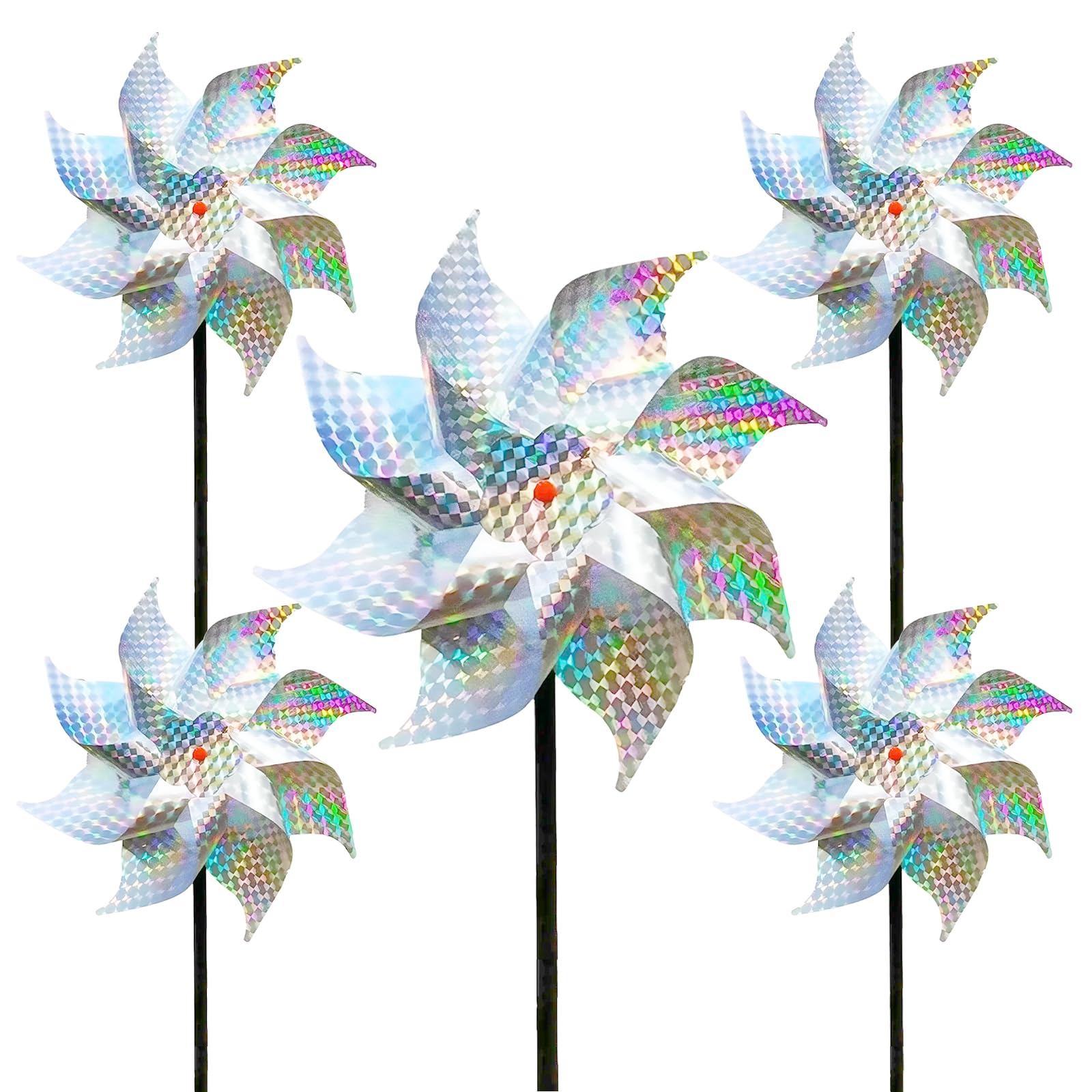 Cazoro Silver 5 Pack Reflective Bird Deterrent Spinners, Windmill Pinwheels - Wind Driven Scare Devices For Garden, Yard, Farm To Protect Windows, Trees, Crops From Birds