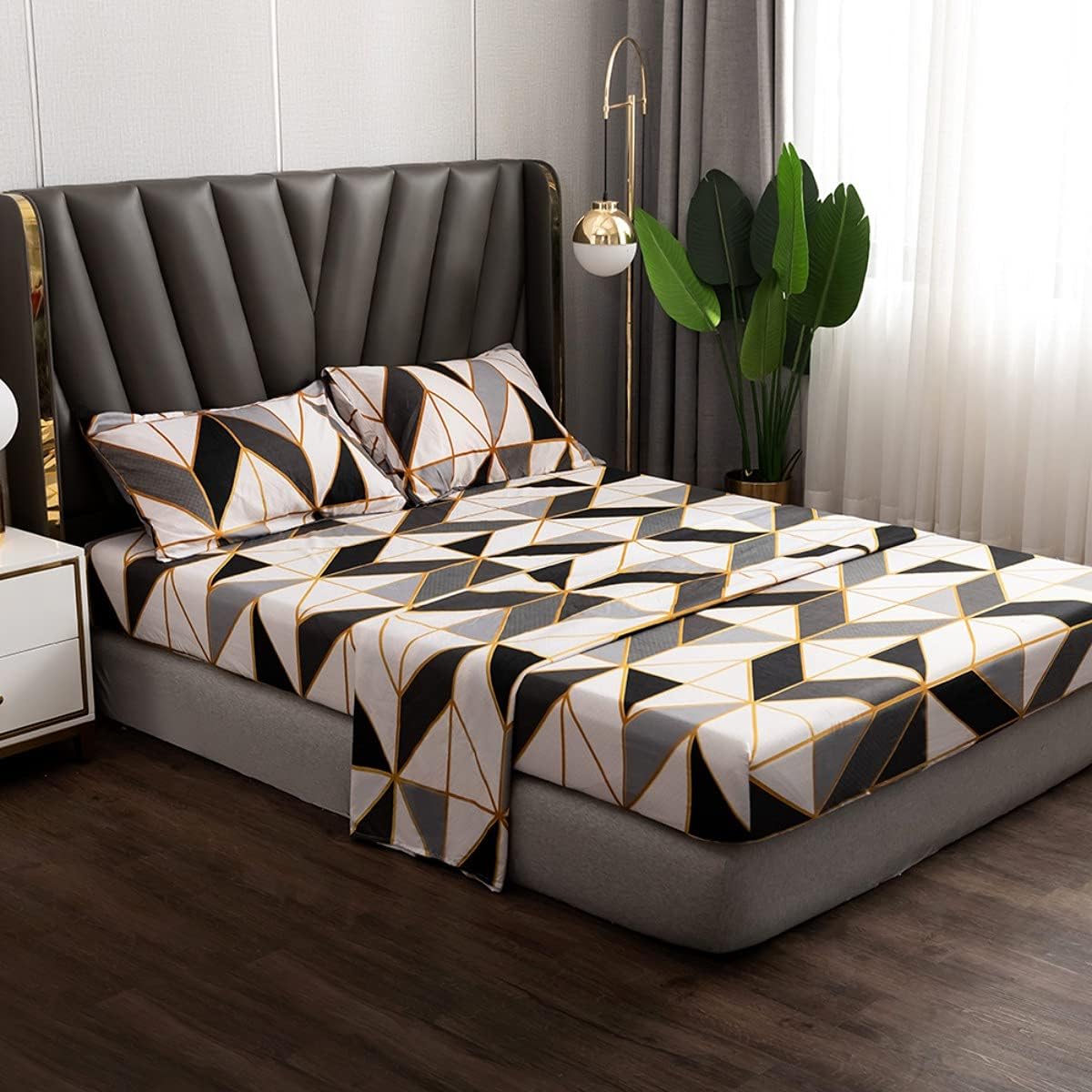 jejeloiu Geometric Plaid Bed Sheet Set Queen Size Black