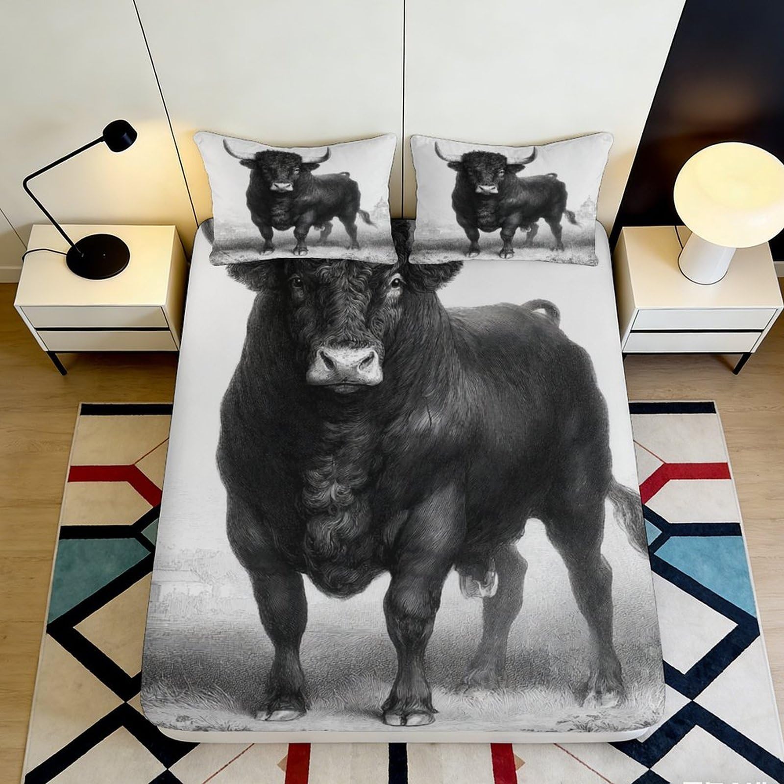 Dhbaneiok Style-6 3D Printed Black Bull Fitted Sheet Microfiber Soft Animal Art Bed Cover For Bedroom Guestroom Easy Care 90X200x25cm