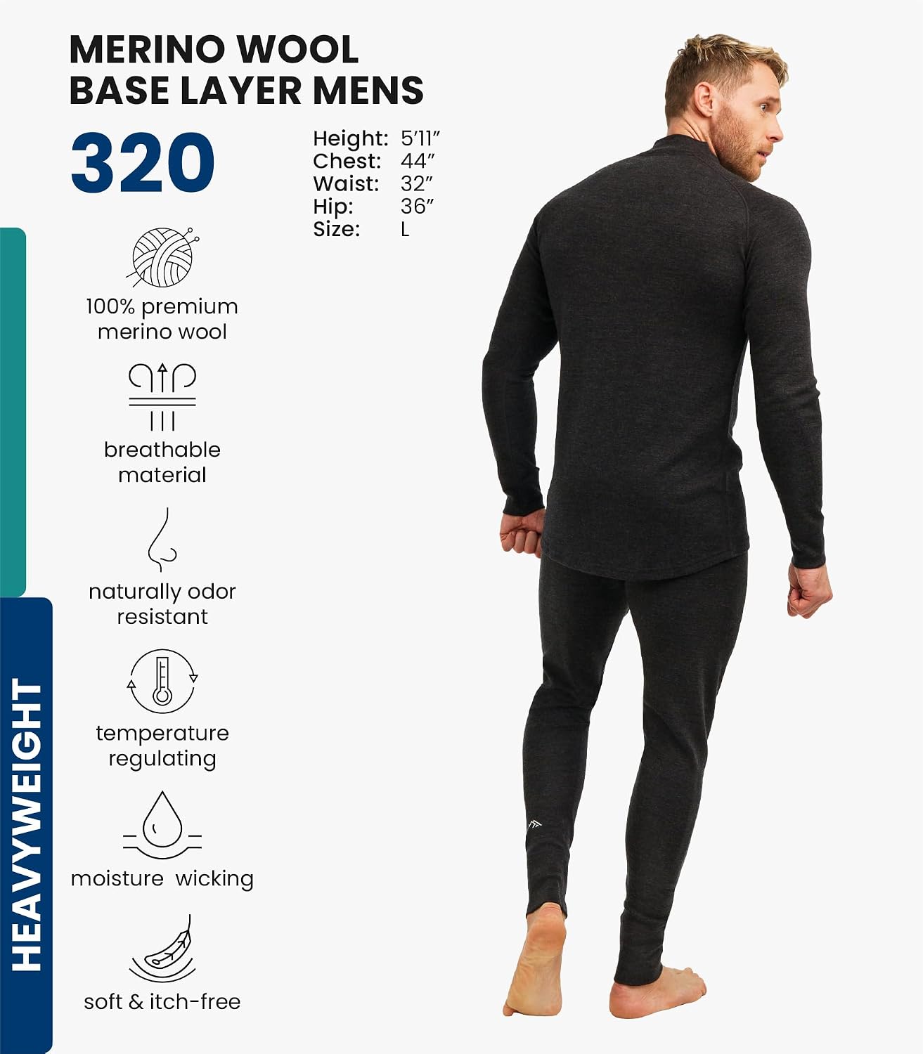 100% Merino Wool Base Layer Men Set - Thermal Underwear for Men Long Johns image 2