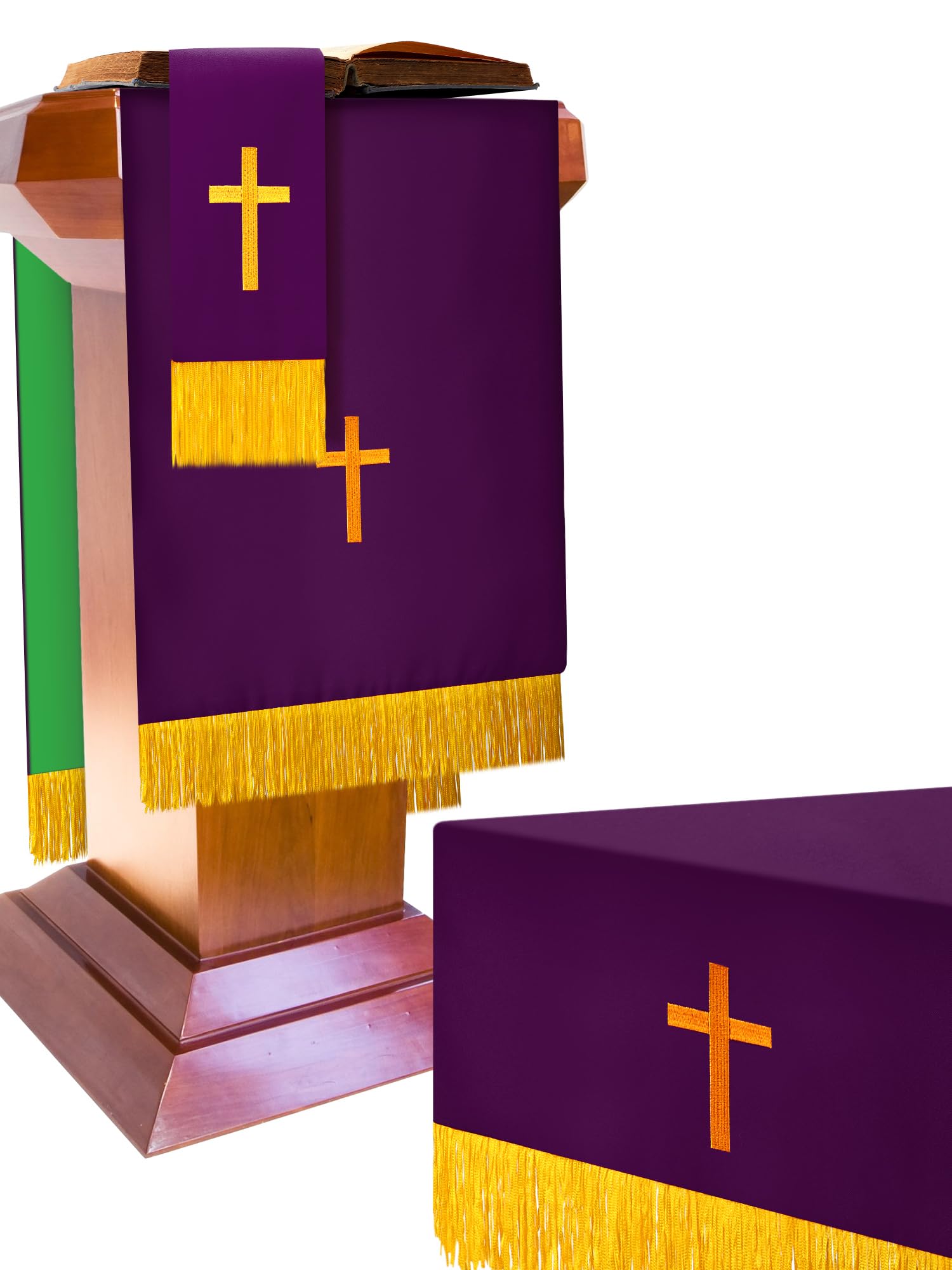 Cutecrop Set of 3 Reversible Parament Set Clergy Table Runner Bookmark Pulpit Scarf with Gold Cross Church Pulpit Accessories (Green and Purple)