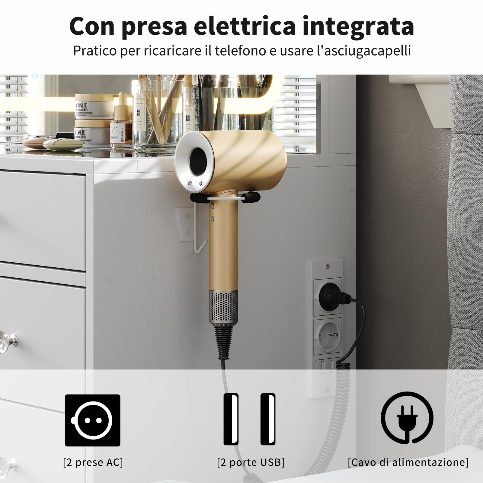 Yanosaku Postazione Trucco con Specchio LED e Sgabello, 11 Cassetti, Toeletta Trucco con Piano in Vetro e Prese di Corrente, Vanity Moderna Bianca per Camera da Letto