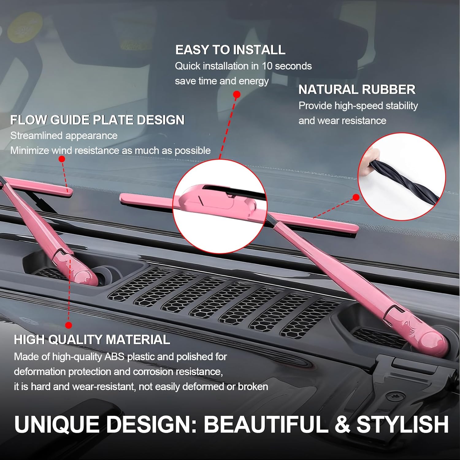 CJPPPZIW® Front Window Windshield Wiper Arm Cover Trim and Pink Wiper Blades for 2018-2024 Jeep Wrangler JL,Pink Exterior Accessories 4pcs