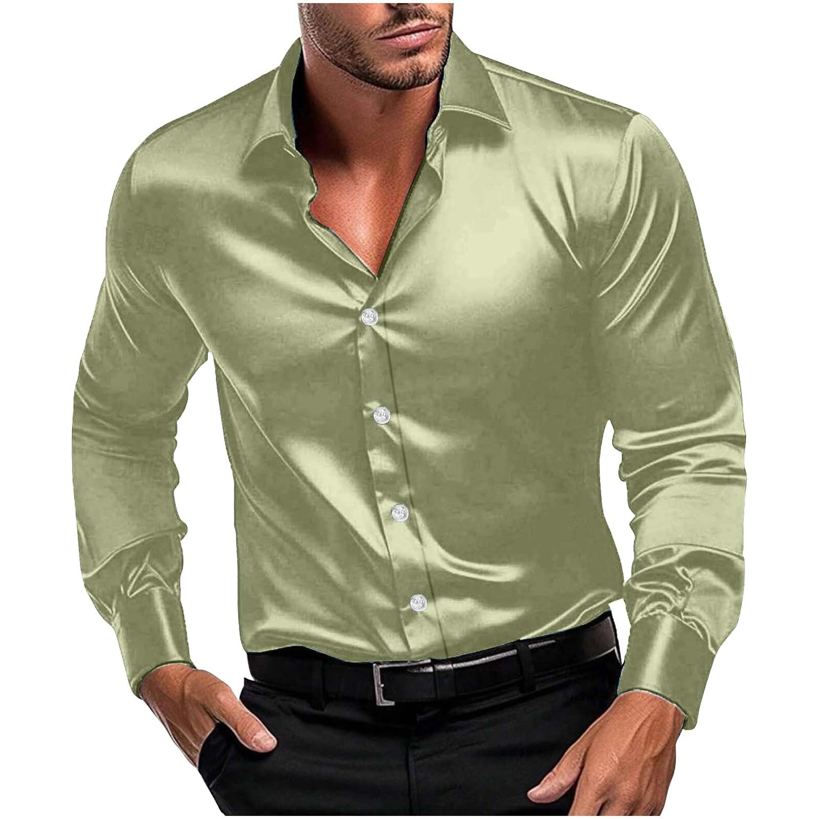 Men Long Sleeve Satin Dress Shirt Shiny Embroidery Silk Like Button Down Casual Luxury Prom Wedding Party Disco Solid