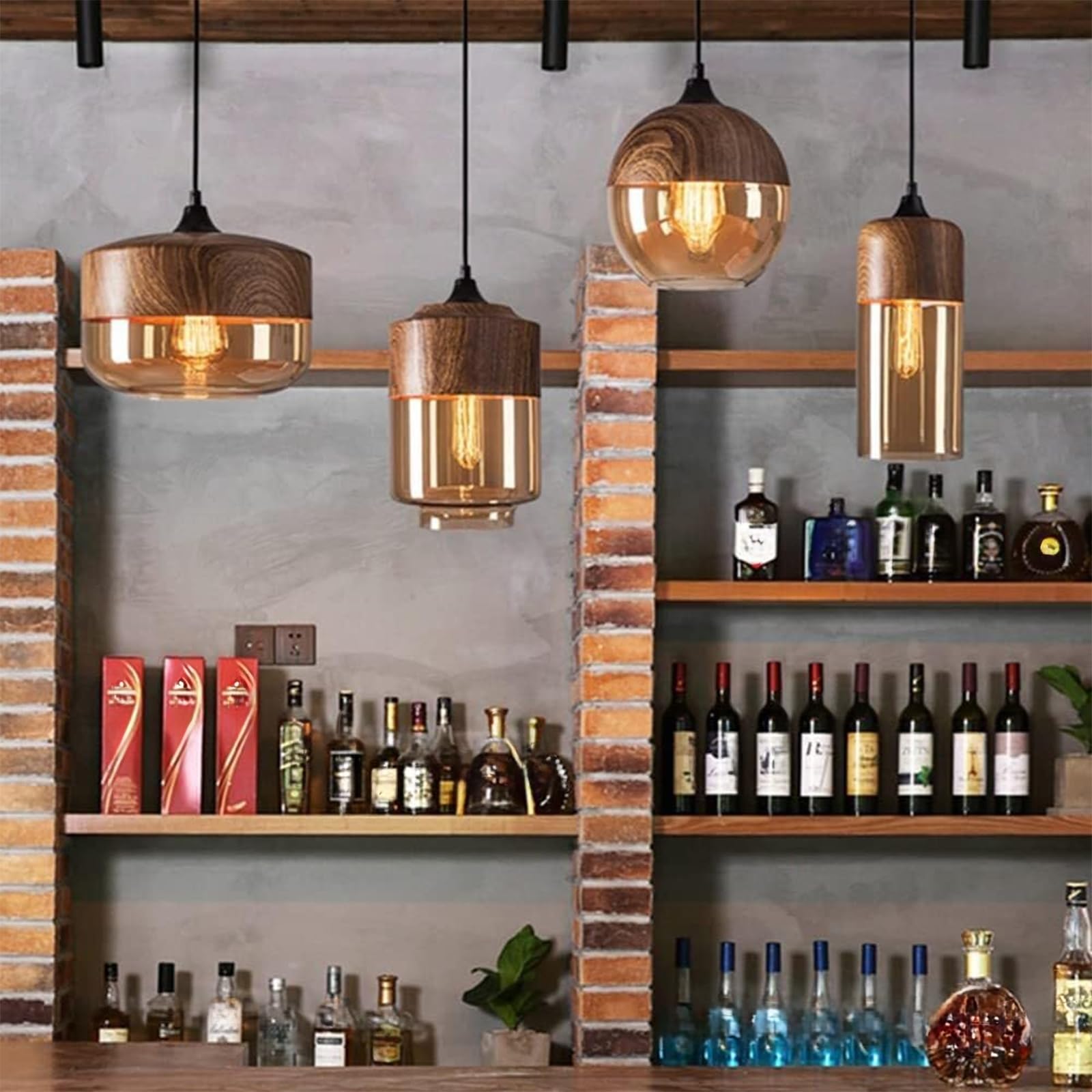 Lámpara colgante moderna, lámpara colgante de vidrio industrial retro, lámpara colgante con acabado de madera y metal, lámpara colgante para isla de cocina, lámpara de techo con pantalla de vidrio ámb