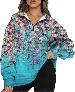 FunAloe Lightweight Sweatshirt Womens Printing Lapel Neck Long Sleeve Loose Fit T-Shirt Blouse Half Zip Sweatshirt Women's Sweater Pullover Sweatshirts For Women UK Oversized Sweatshirt Women