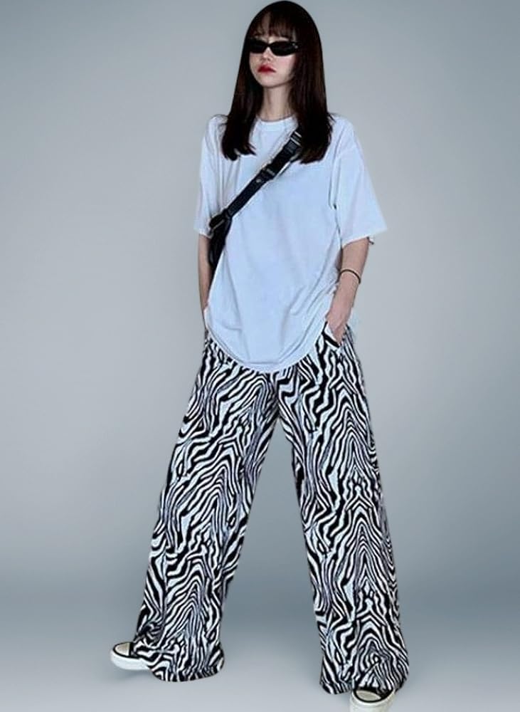 Amazon | [DISUKA] 新しいゼブラ柄ワイドレッグパンツ女性の夏の