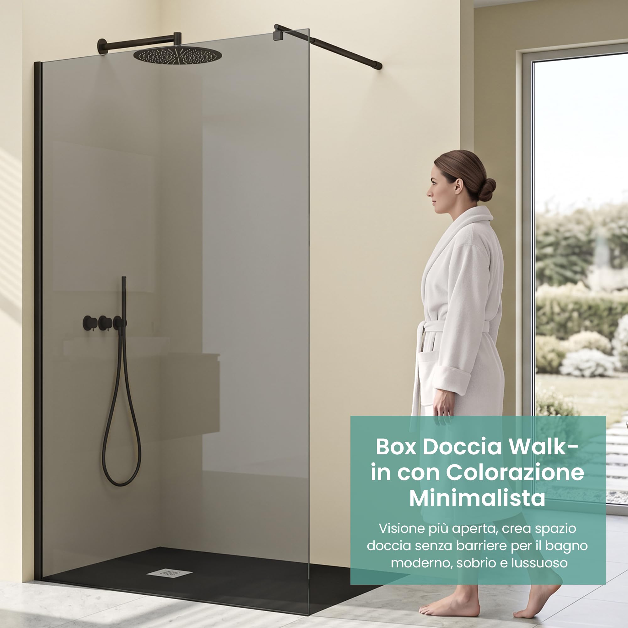 Mai & Mai Box Doccia Walk-In 140x200cm, Parete Doccia in Vetro Grigio 10mm Vetro di Sicurezza ESG con 2 Bracci Sostegni Telescopici MMBR3 Nero