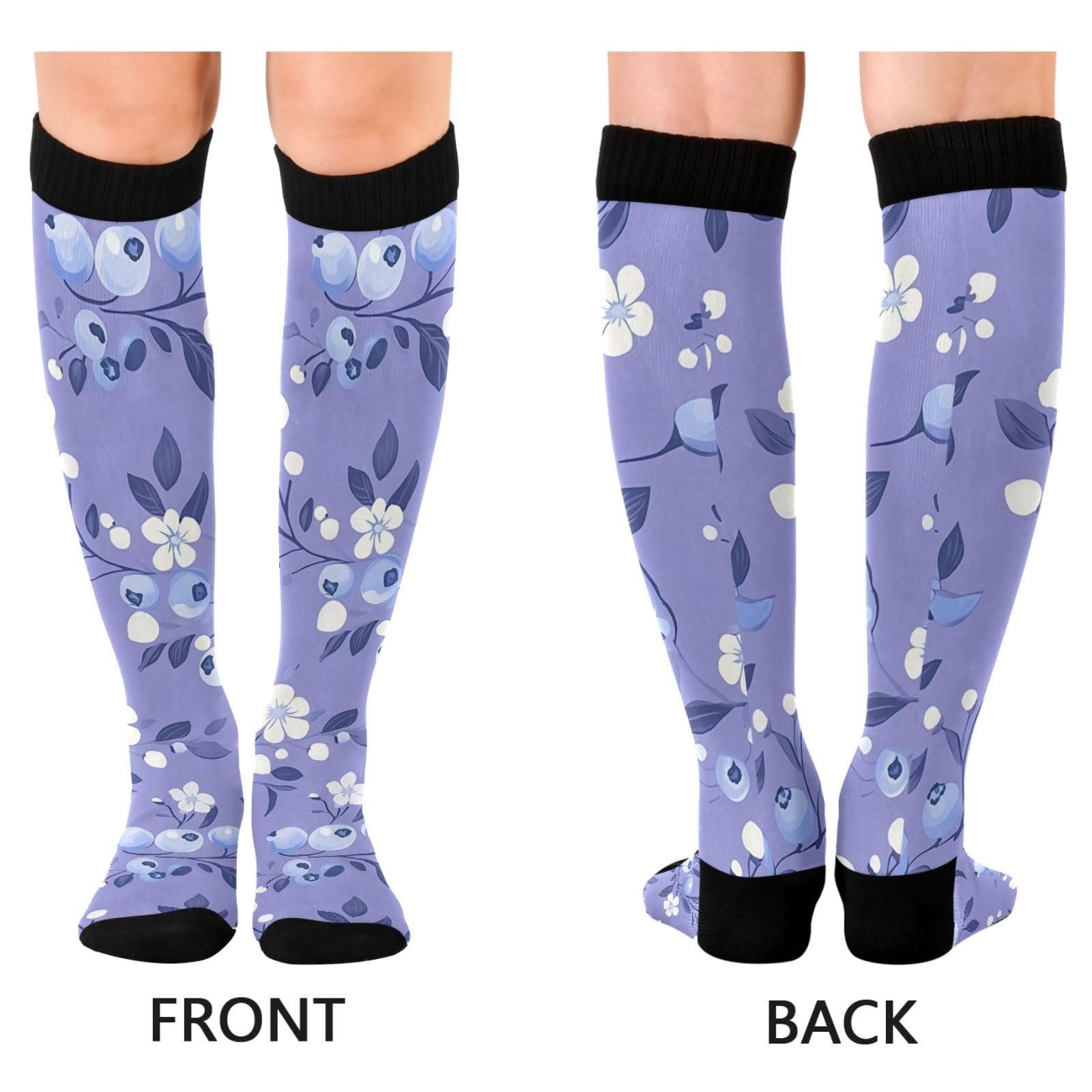 BOESI Doodle Blueberry and White Flower Compression Socks, Women's and Men's Knee High Running Socks for Sports