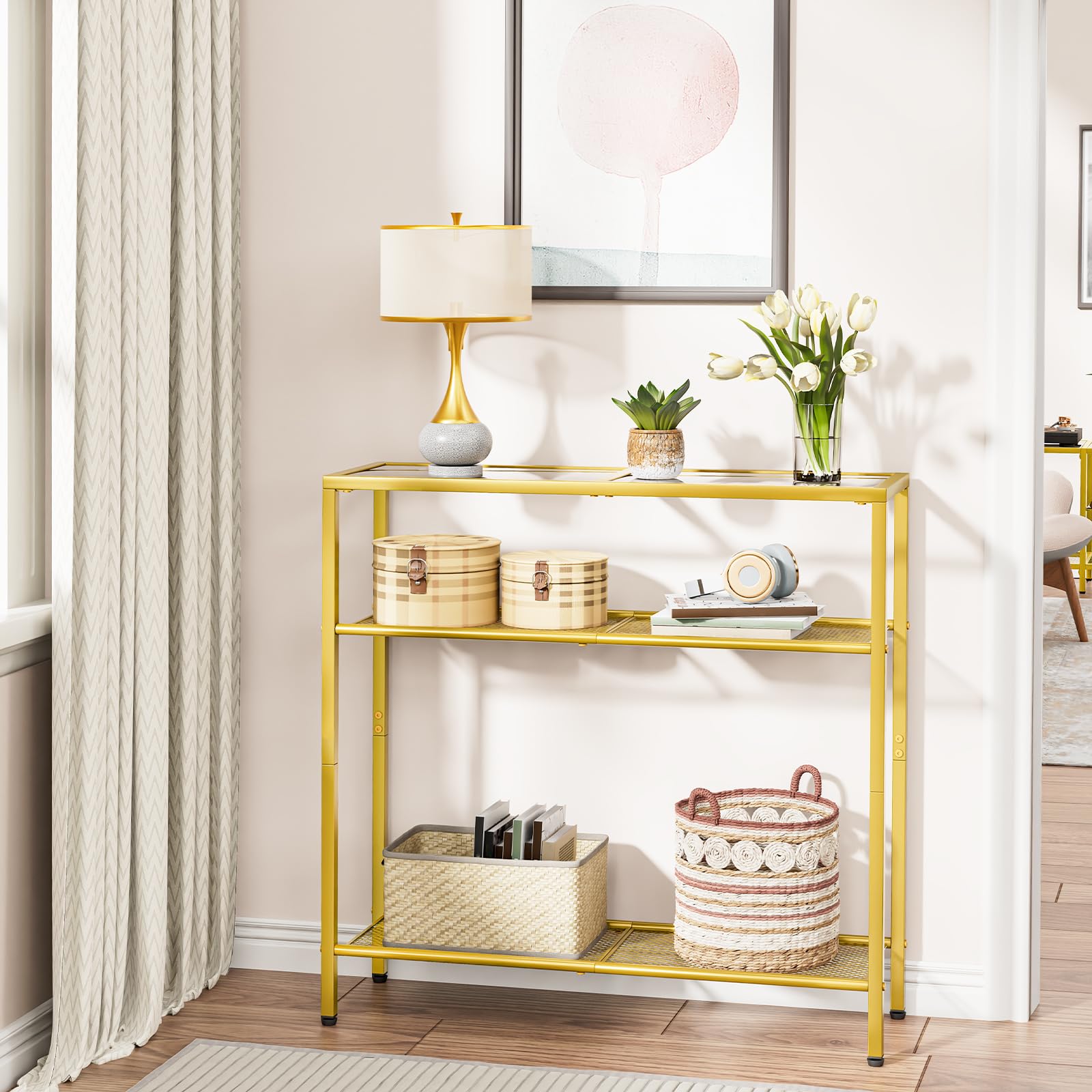 HOOBRO Table Console en Verre, 75 cm Table d'Entrée avec Trois Étagères, Bout de Canapé en Verre Trempé, Robuste, Montage Facile, pour Salon, Entrée, Couloir, Doré et Transparent EGD21XG01G1