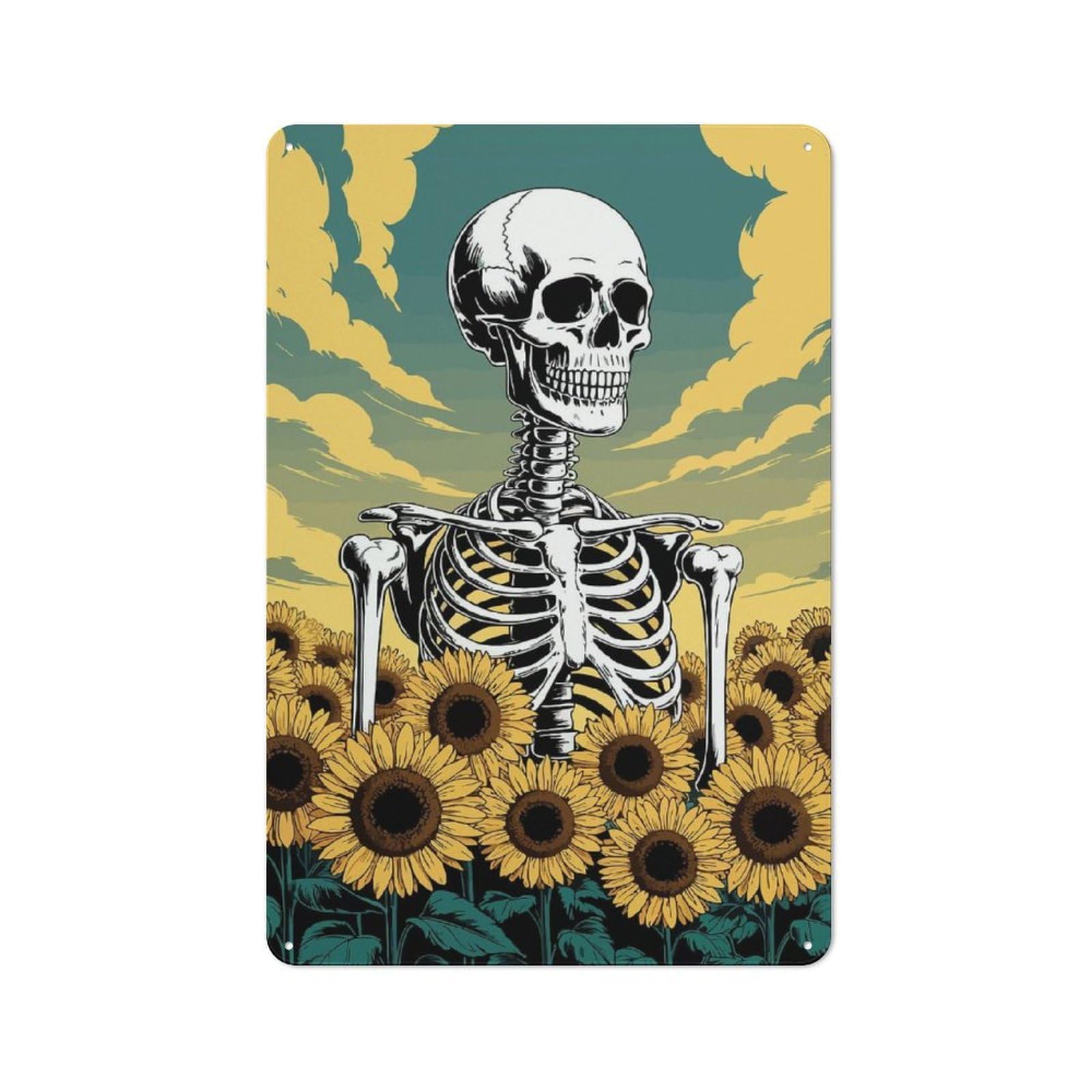 Junmoney Skeleton In Sunflower Field Illustration Tin Wall Plaque 30X20cm With For Studio Or Craft Room, For Cooler-Season Styling In Studio And Craft Room