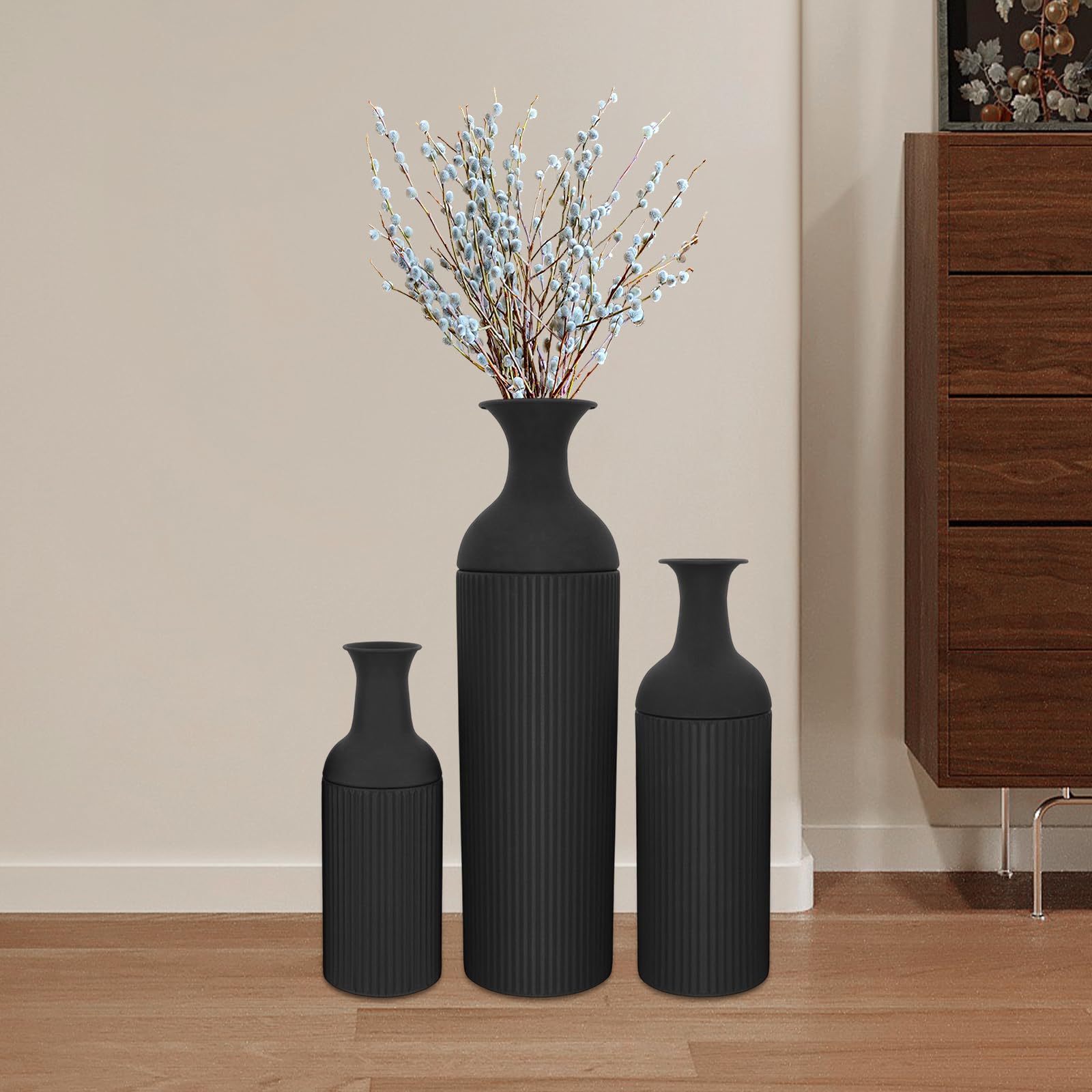 Set di 3 vasi da fiori grandi da pavimento, in metallo, moderno, per soggiorno, camera da letto, sala da pranzo, corridoio, 67/50/40 cm (nero)