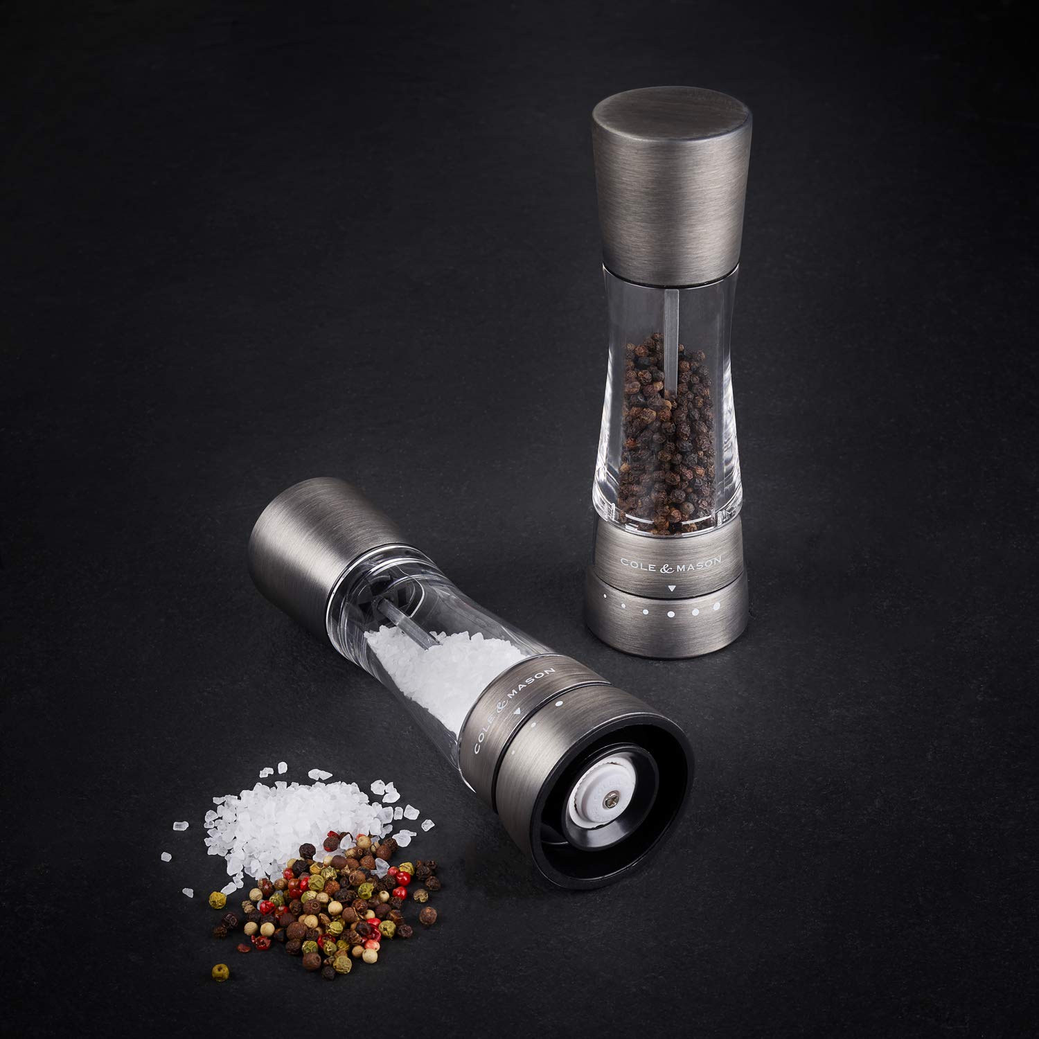 Cole & Mason H332028 Derwent Titan Salz und Pfeffer Mühle, 2er Set Manuell, Edelstahl/Acryl, 190mm, Precision+, Geschenkset