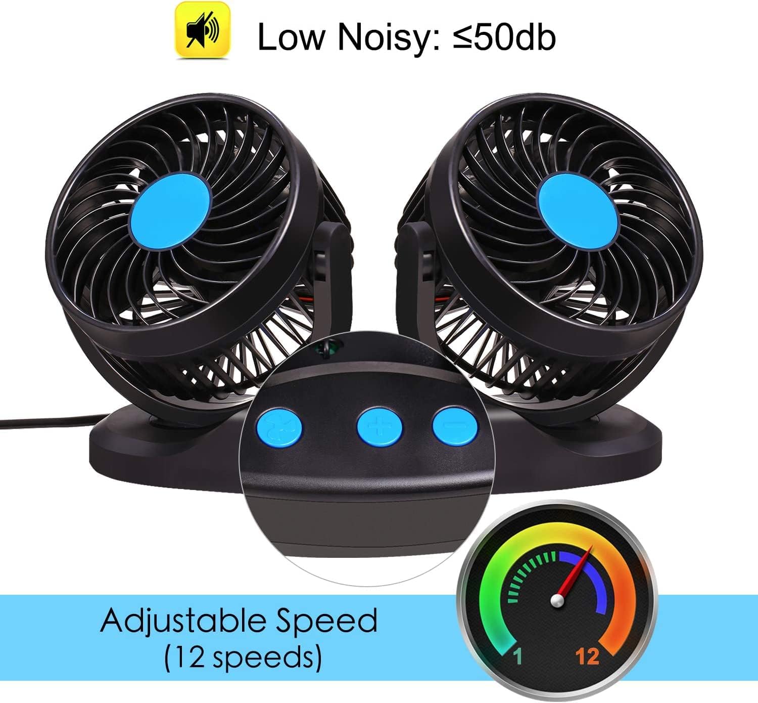 Ventilatore Auto 12V Doppia Testa, Ventilatore Raffreddatore a 12 Velocità con Rotazione a 360°, Ventilatore da Auto da 5" con Display LED Temperatura e Umidità per Camion, SUV, Camper e Barche