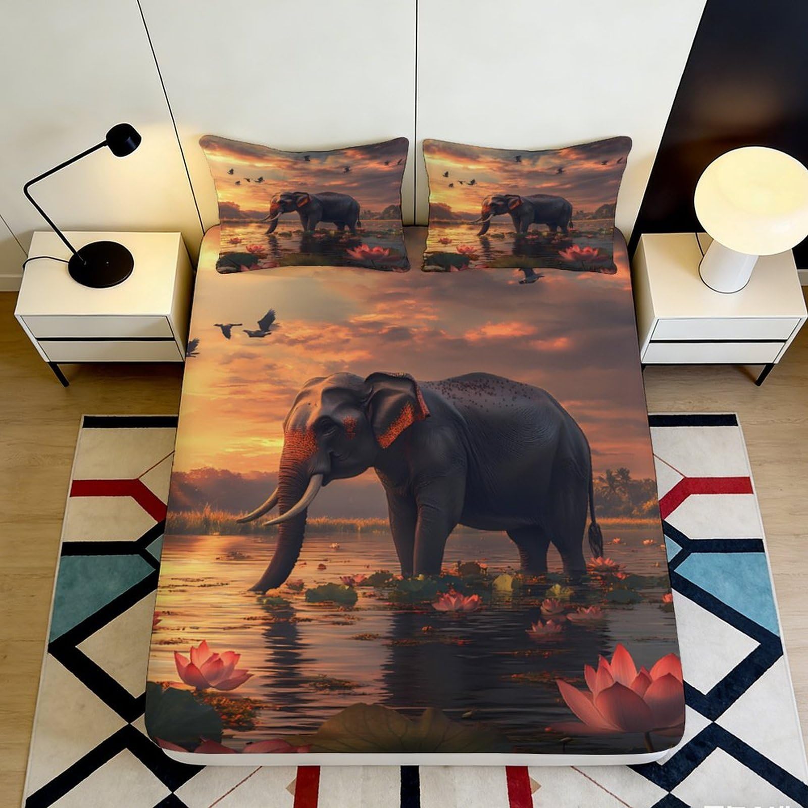 3D Printed Elephant Sunset Fitted Sheet Microfiber Soft Durable 3D Printed Lotus Bed Cover for Bedroom Dormitory Guest Room Mattress Protection 140x200x25cm