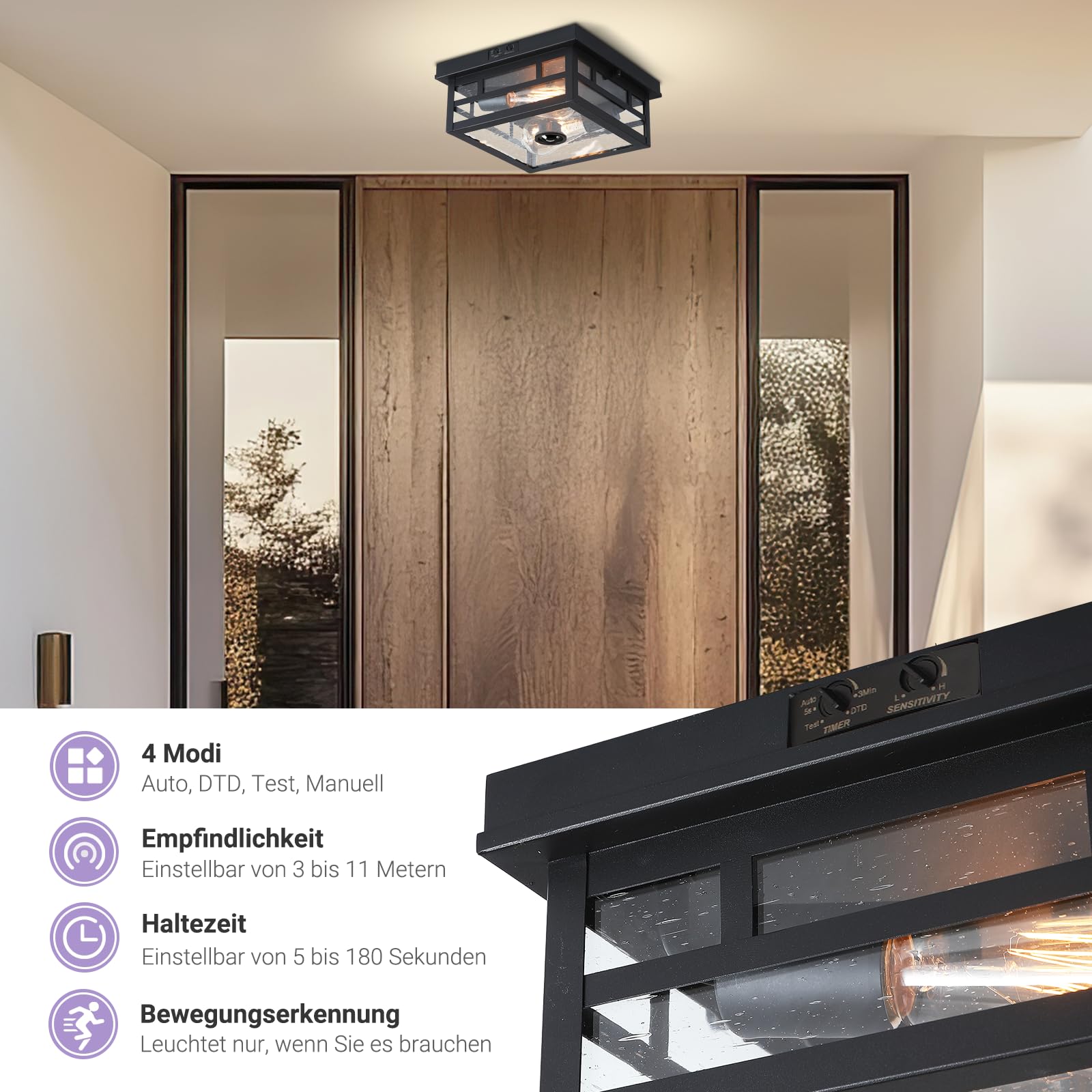 CALOKES Deckenleuchte mit Bewegungsmelder für den Außenbereich, zeitloses Industriedesign mit gesäftem Klarglas für Ihre Veranda, Auffahrt, überdachte Terrasse, Bauernhaus und Eingangsbereich