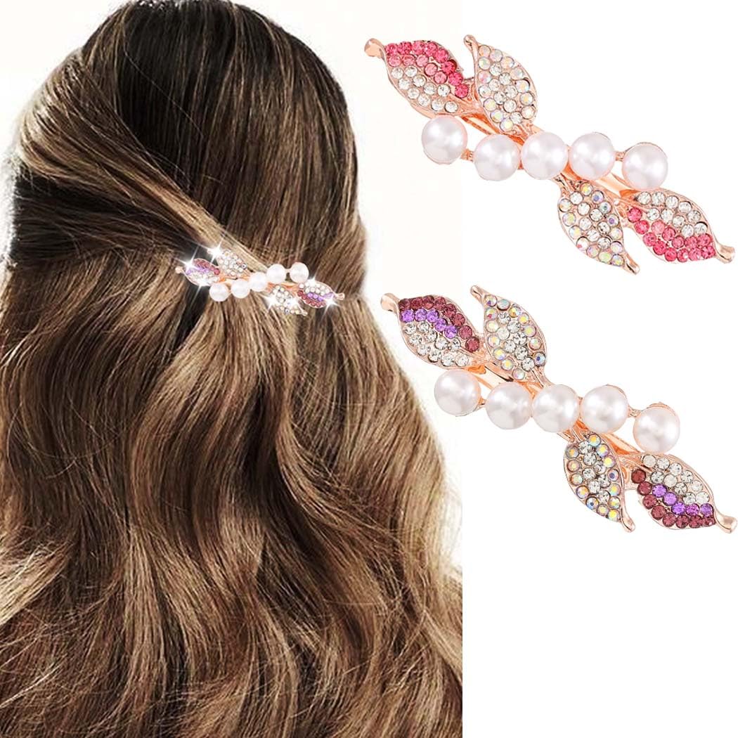 Reaky Pearl Hair Clips Gold Metal Hair Clip Rhinestone Hair Barrettes Hair Accessories for Women (pearl+pink)