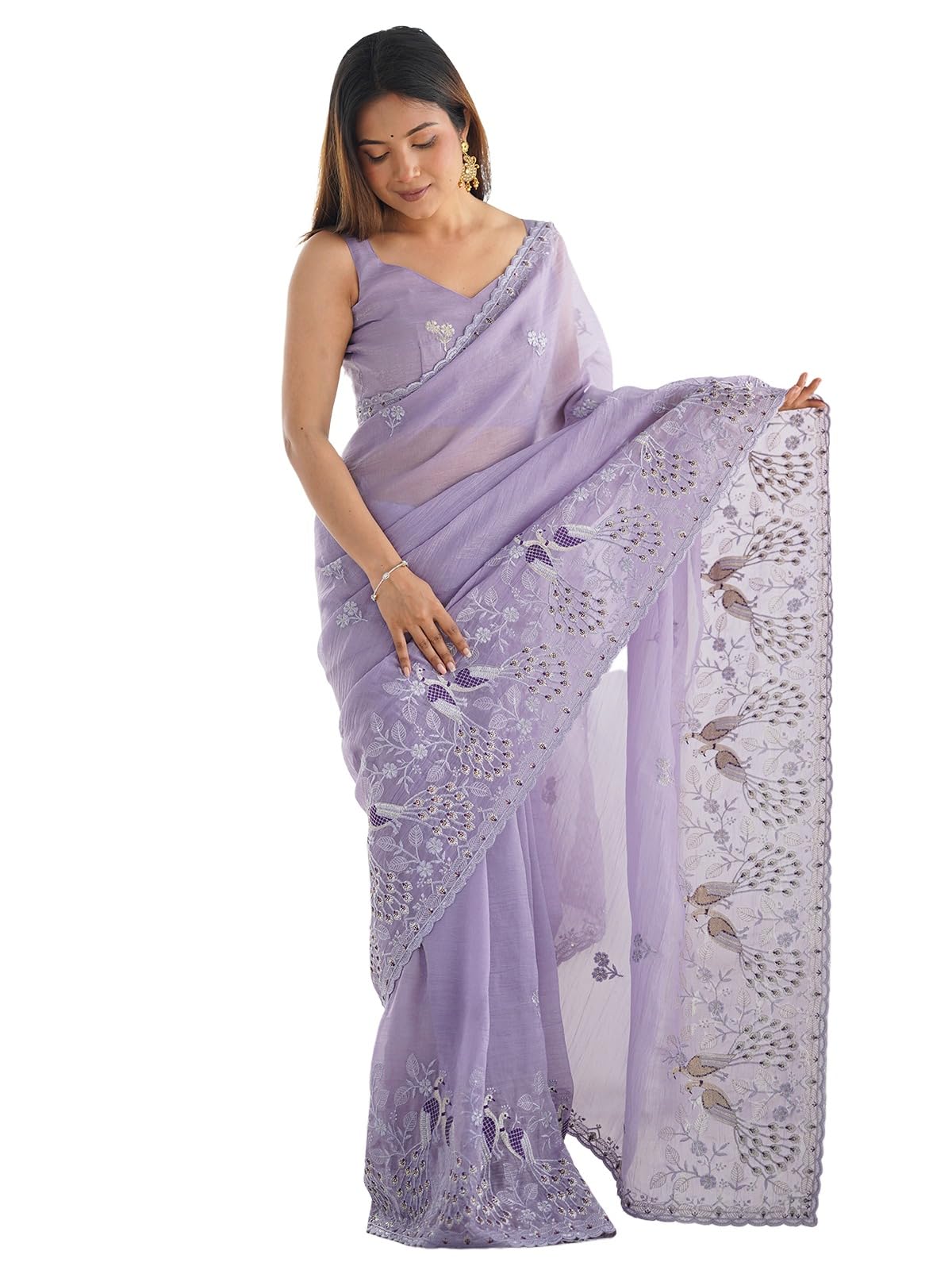 Satrani Women's Silk Blend Embroidery And Sequin Work Saree With Unstitched Blouse Piece (4135S143N_Dusty Purple)