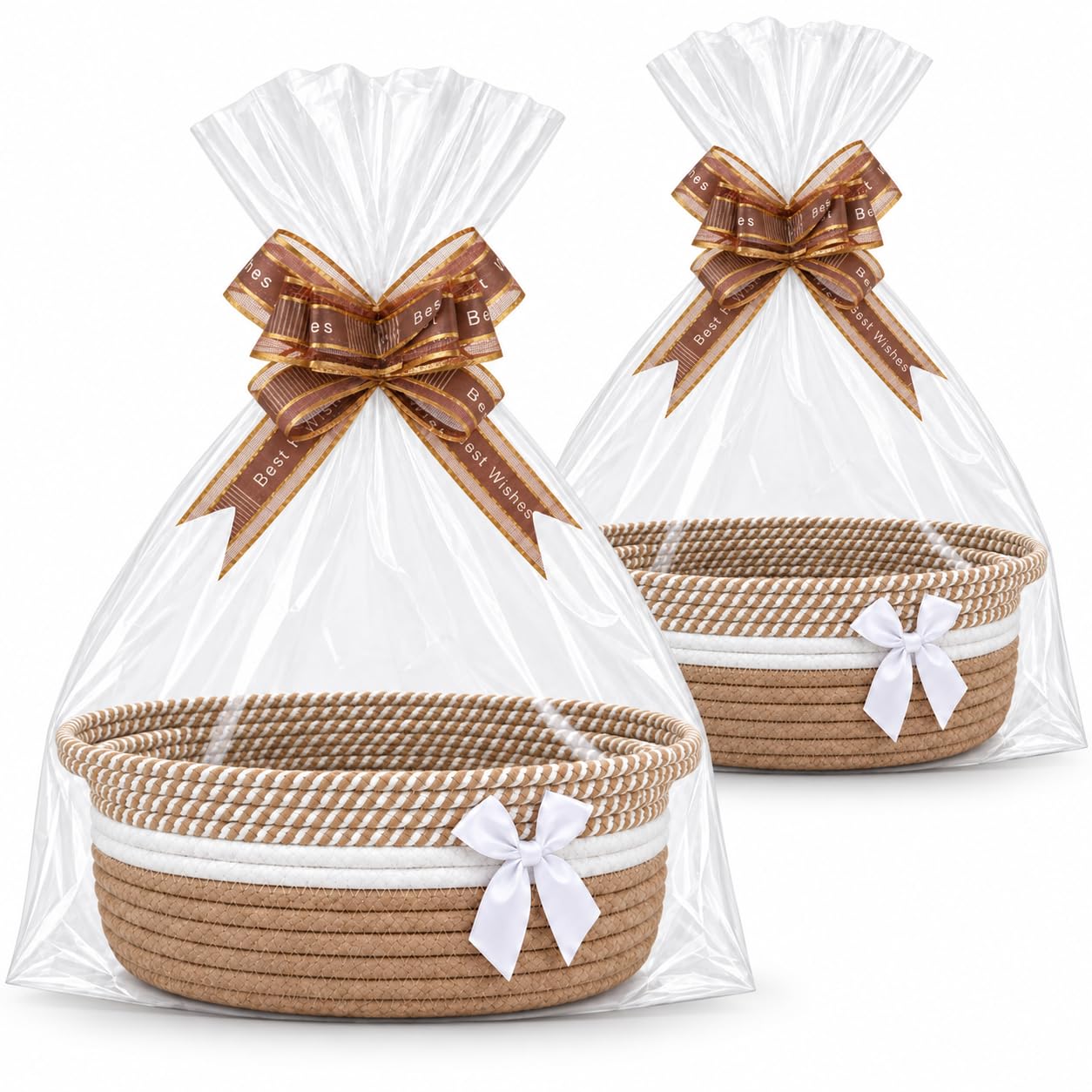 Kynoz 2PCS Gift Basket Hamper Kit, Cotton Rope Empty Basket with Pull Bows