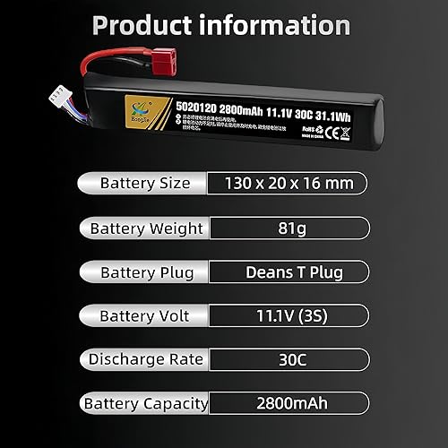 Miniatura 2 de 11.1V 2800mAh Airsoft Stick T Plug LiPo Batería 3S 30C Pack para pistolas de Airsoft AK47, MP5K, MP5, Cicatriz, M249, AUG, AEG