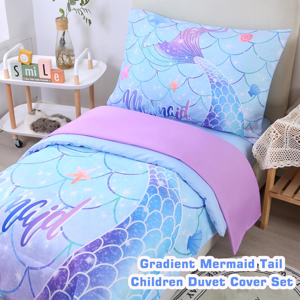 STYHO Blue Toddler Duvet Cover Set Colorful Mermaid Tail Printed Cot Bedding Set Soft Reversible Gradient Toddler Bedding Set(Blue Mermaid - Image 2