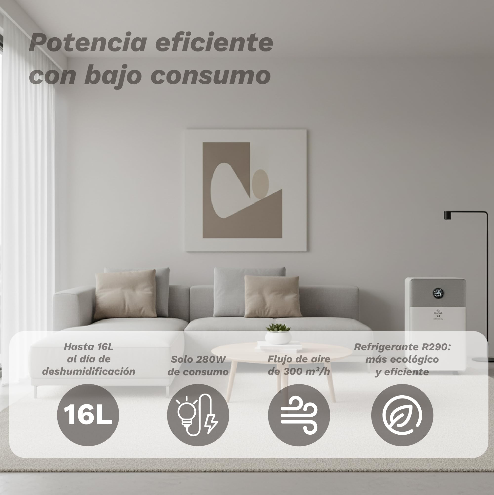 Grunkel Drytek Deshumidificador portátil 10L/día con WiFi y app, drenaje continuo, panel táctil, 100m³/h, depósito 2L, 240W bajo consumo, silencioso 42dB y temporizador 24h (16L/día)