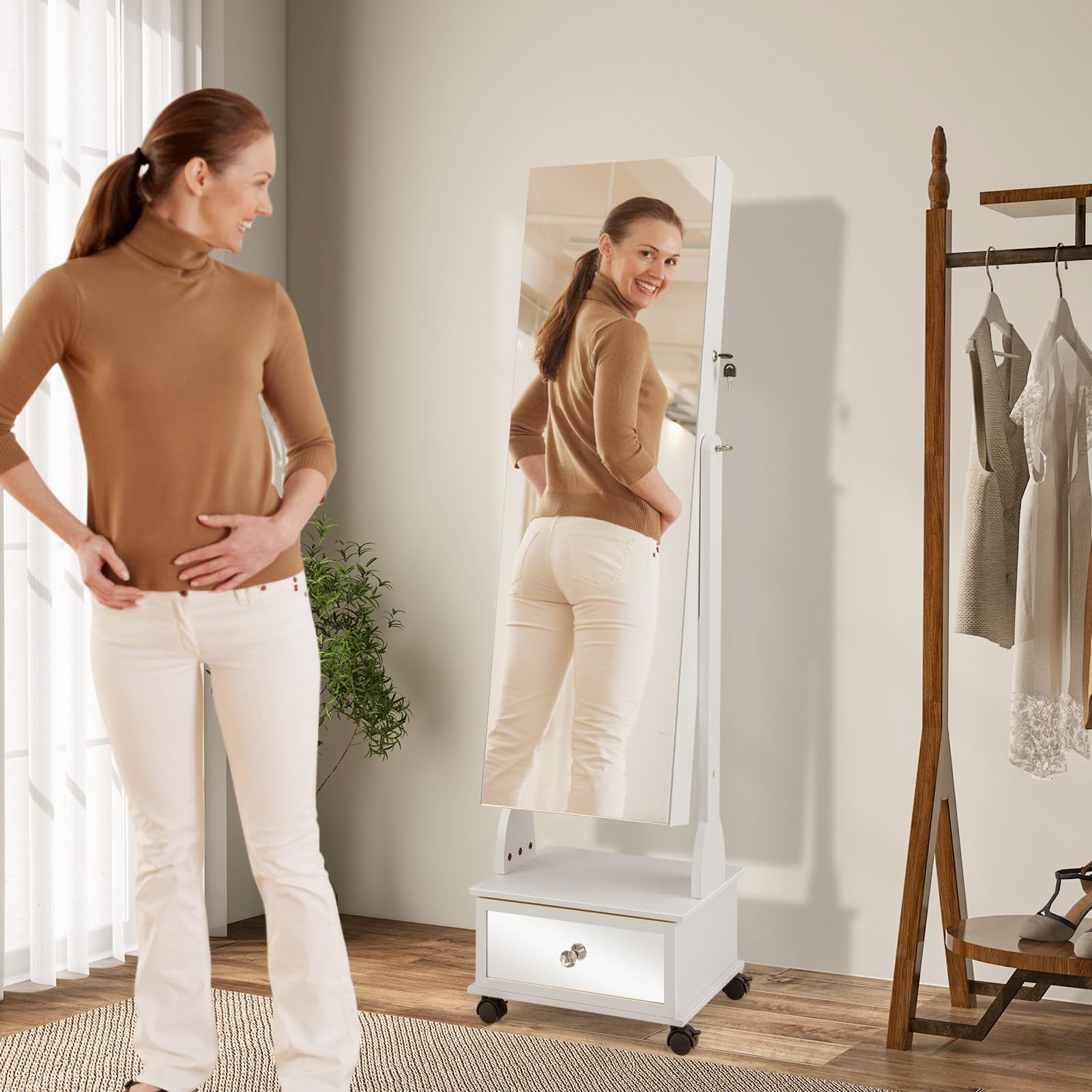 GOPLUS Armario con espejo para joyas con cerradura iluminación LED cajón ruedas blanco