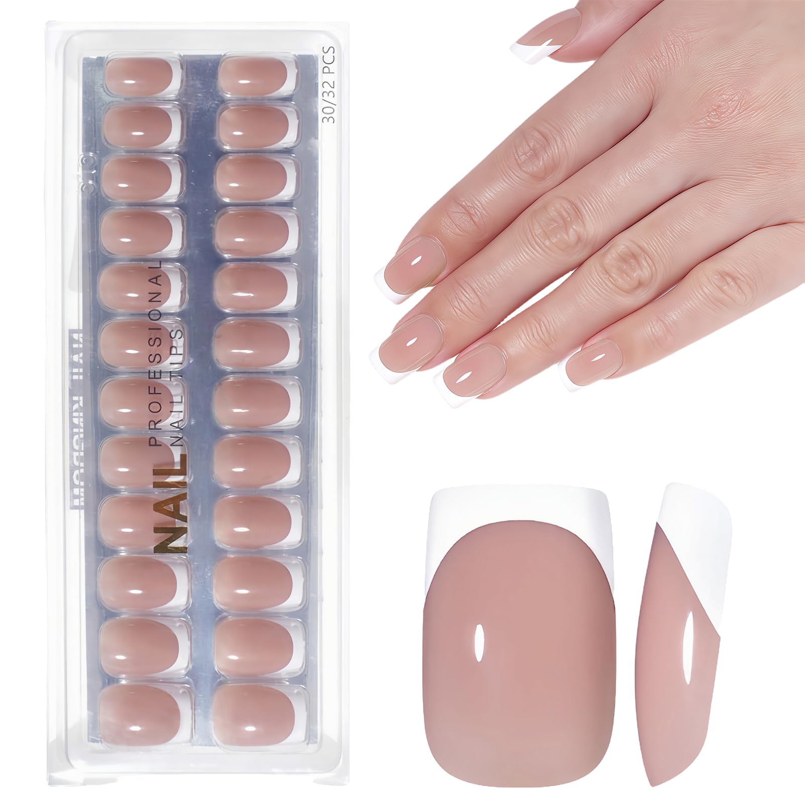 Nackt French Press on Nails - 32 Stück Künstliche Fingernägel Kurz - Quadratisch Nägel Zum Aufkleben French - Natürlich Kunstnägel Zum Aufkleben - Full Cover Künstliche Nägel Für Frauen (Deep Nude)
