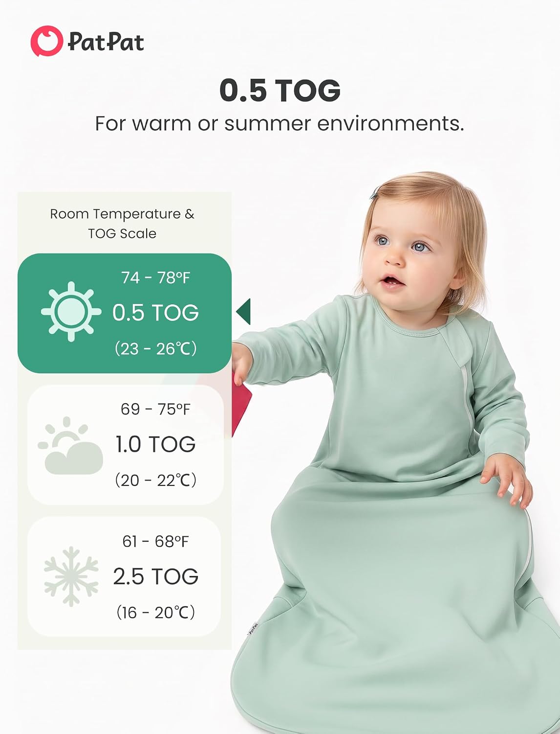 PATPAT Bamboo Viscose Baby Wearable Blanket (Sleep Sack), Long Sleeve, 0.5 TOG, Breathable & Soft, 2-Way Zipper, 0–24 Months