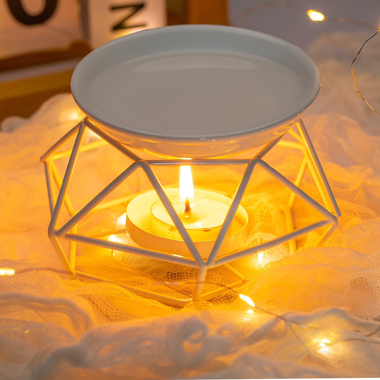 Lampe à Bougie parfumée en métal avec Support pour Bougie Chauffe-Plat(Blanc)
