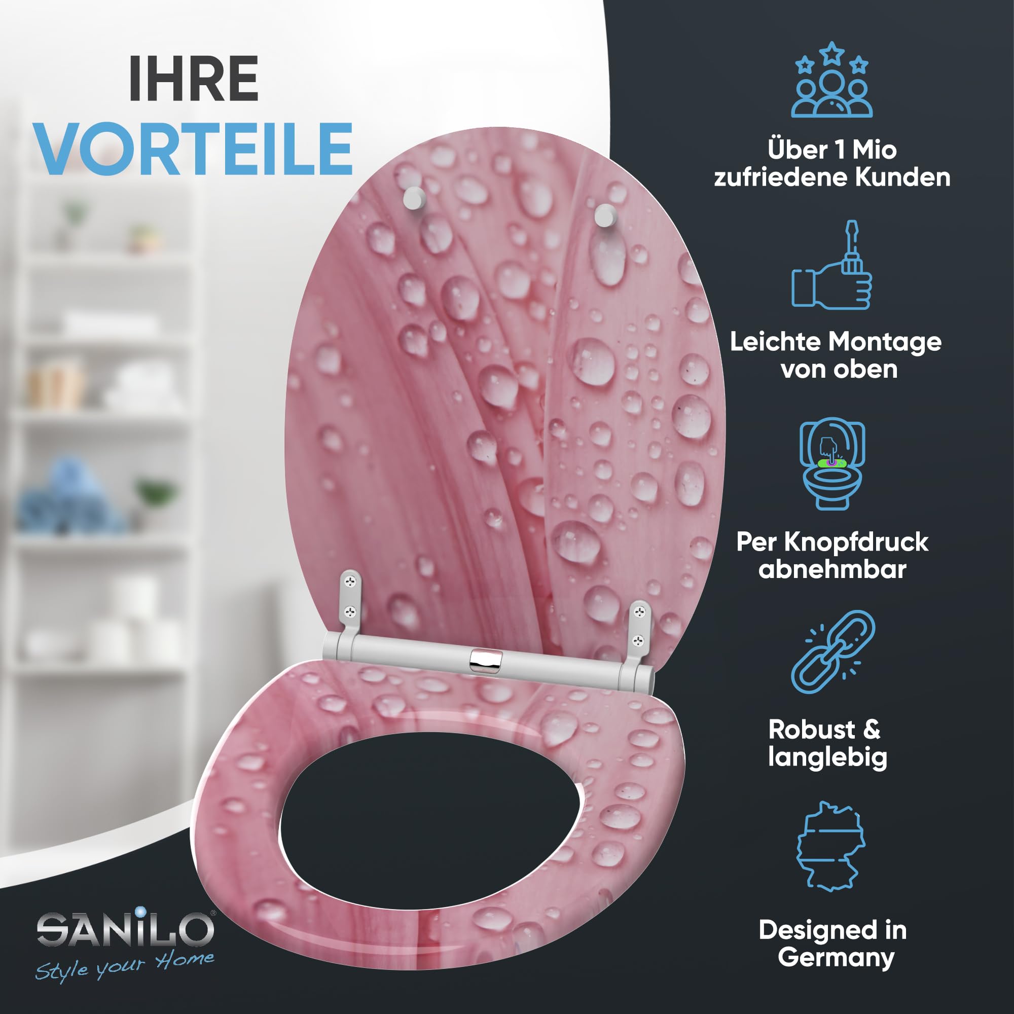 Sanilo WC Sitz mit Absenkautomatik & Quick-Release aus Holz, Pink Flower
