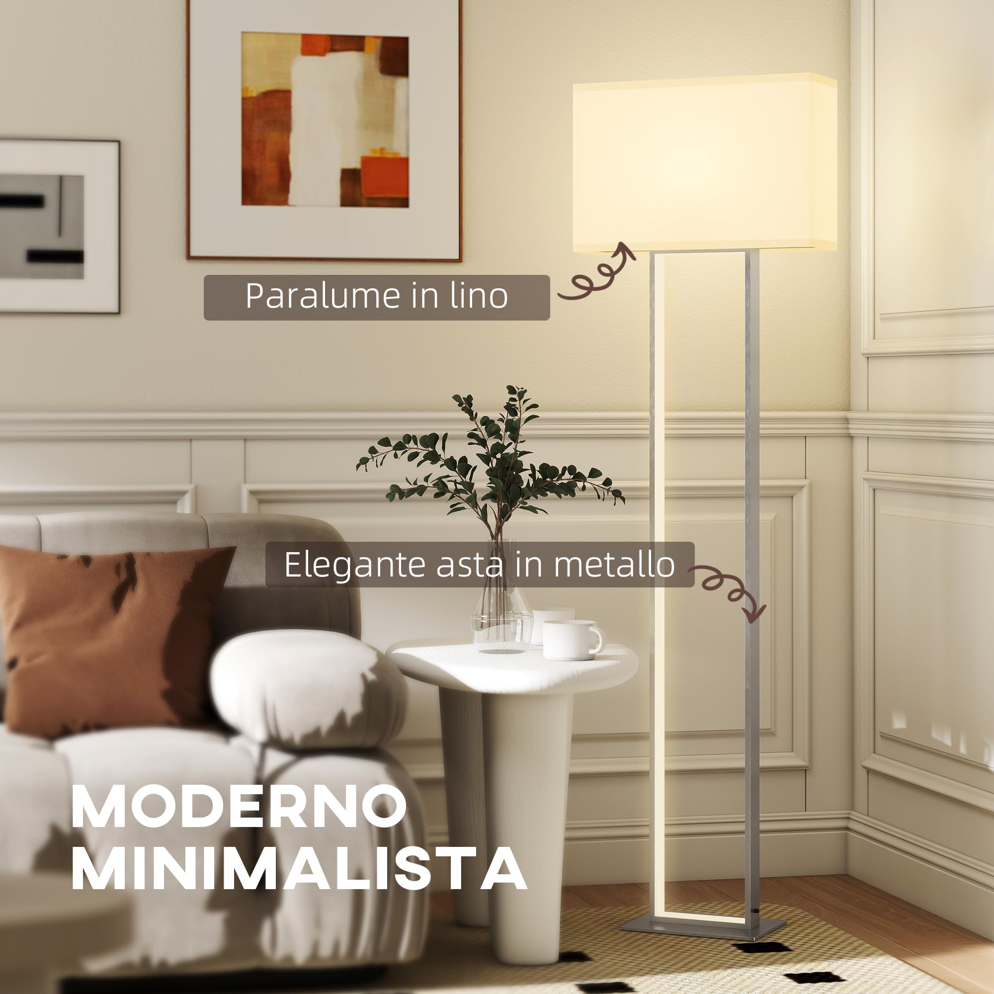 HOMCOM Lampada da Terra da 150 cm Dimmerabile Lampada a Piantana Bianco | Moderna, 3 Modalità, Luminosità Regolabile, Paralume in Tessuto, Interruttore a Pedale