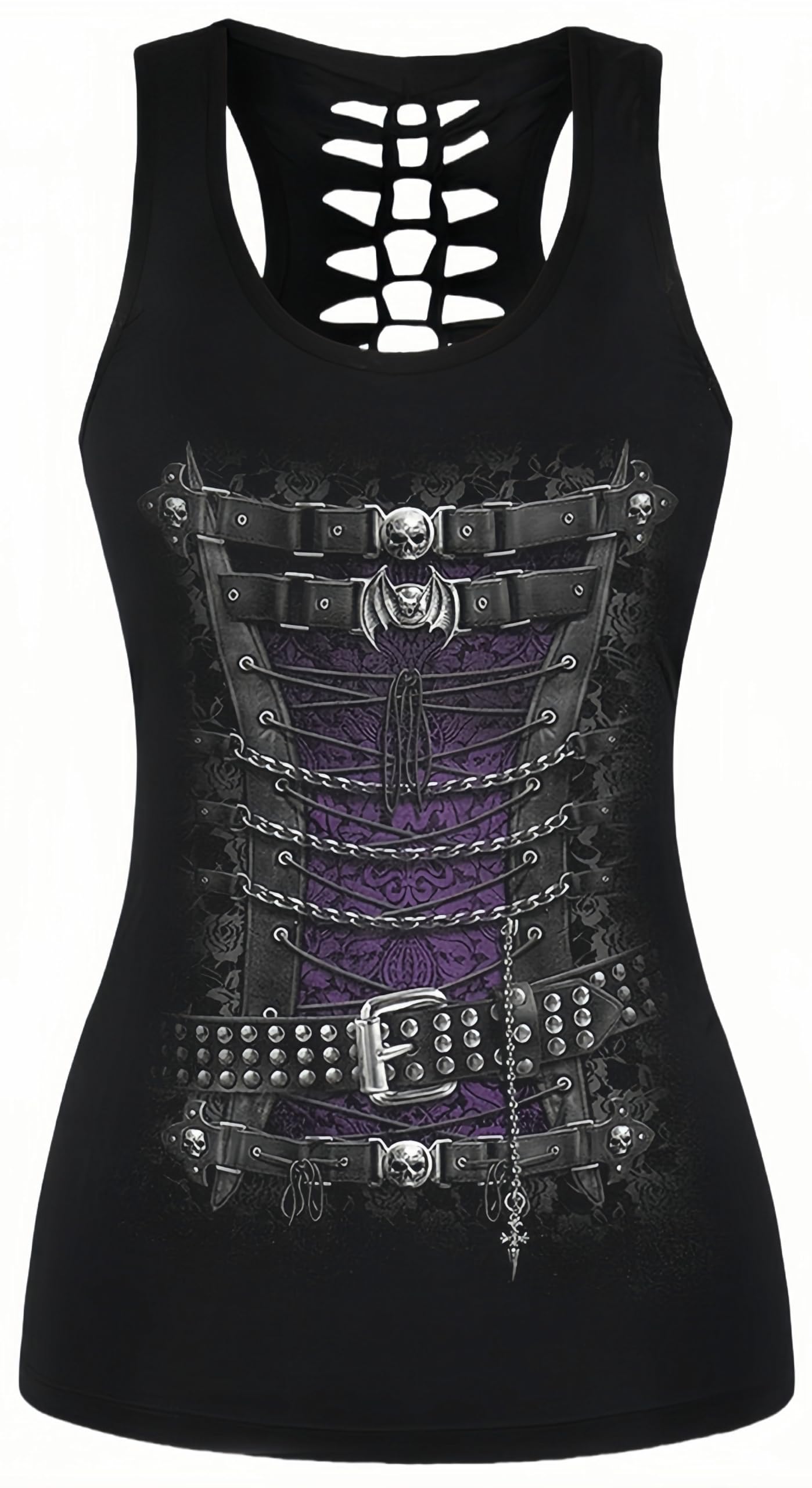 Ocean Plus Women's Skull Sport Tops Gothic Tank Top Sleeveless Workout Vest Criss Cross Shirt Halloween Quick Dry Running Shirt (S (Chest: 80 cm), Punk Corset)
