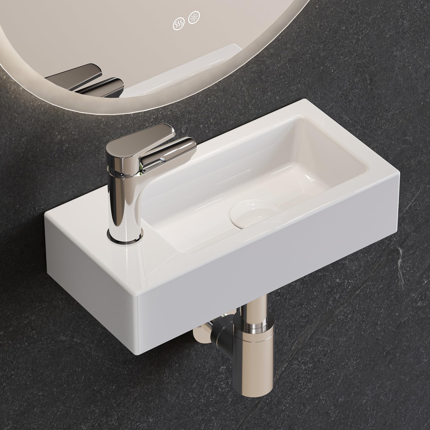 HOROW lavatoio ceramica bianca rettangolare, compatto lavandino piccolo bagno, lavabo bagno sospeso, con 1 foro per rubinetto a sinistra, 370x180x90 MM