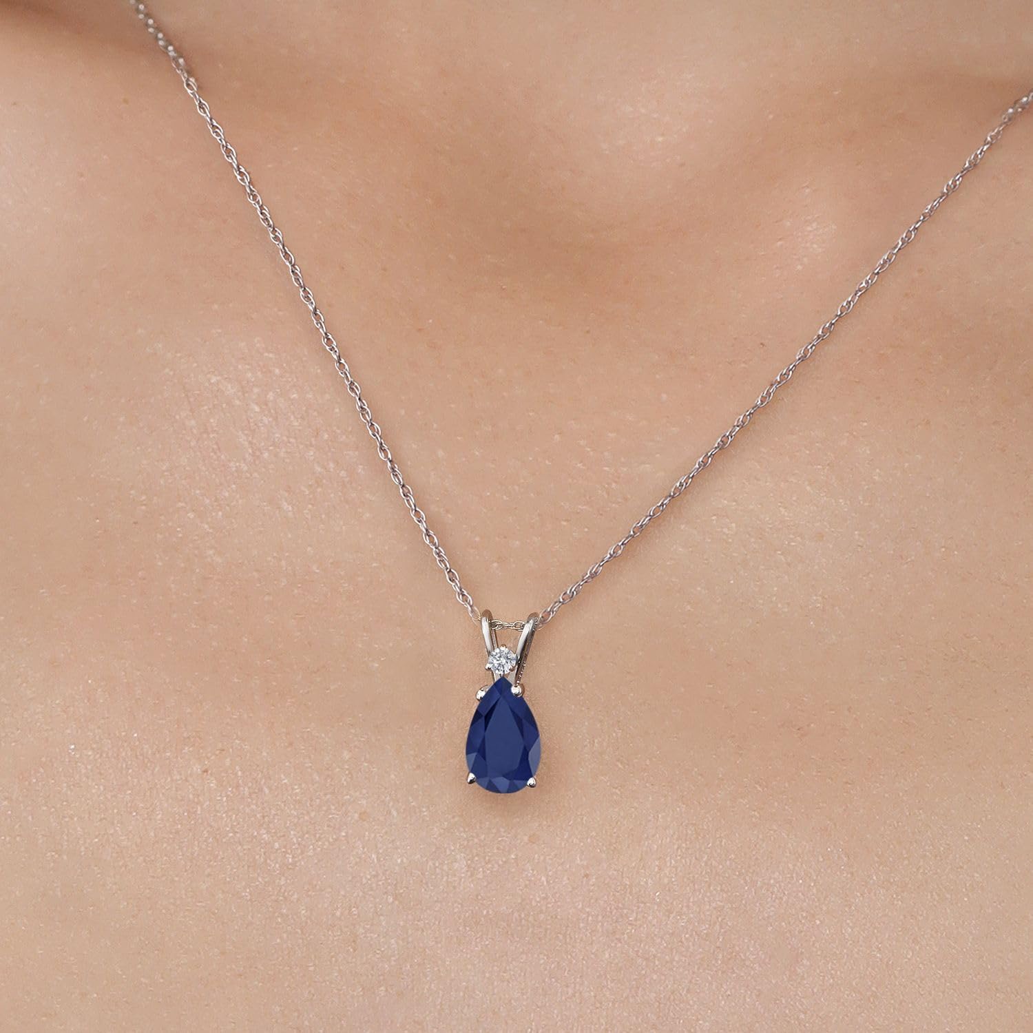 Gem Stone King 14K White Gold Blue Sapphire and Lab Grown Diamond Pendant Necklace for Women | 2.20 Cttw | Gemstone September Birthstone | Pear Shape 10X7MM | With 18 Inch Chain - Image 3