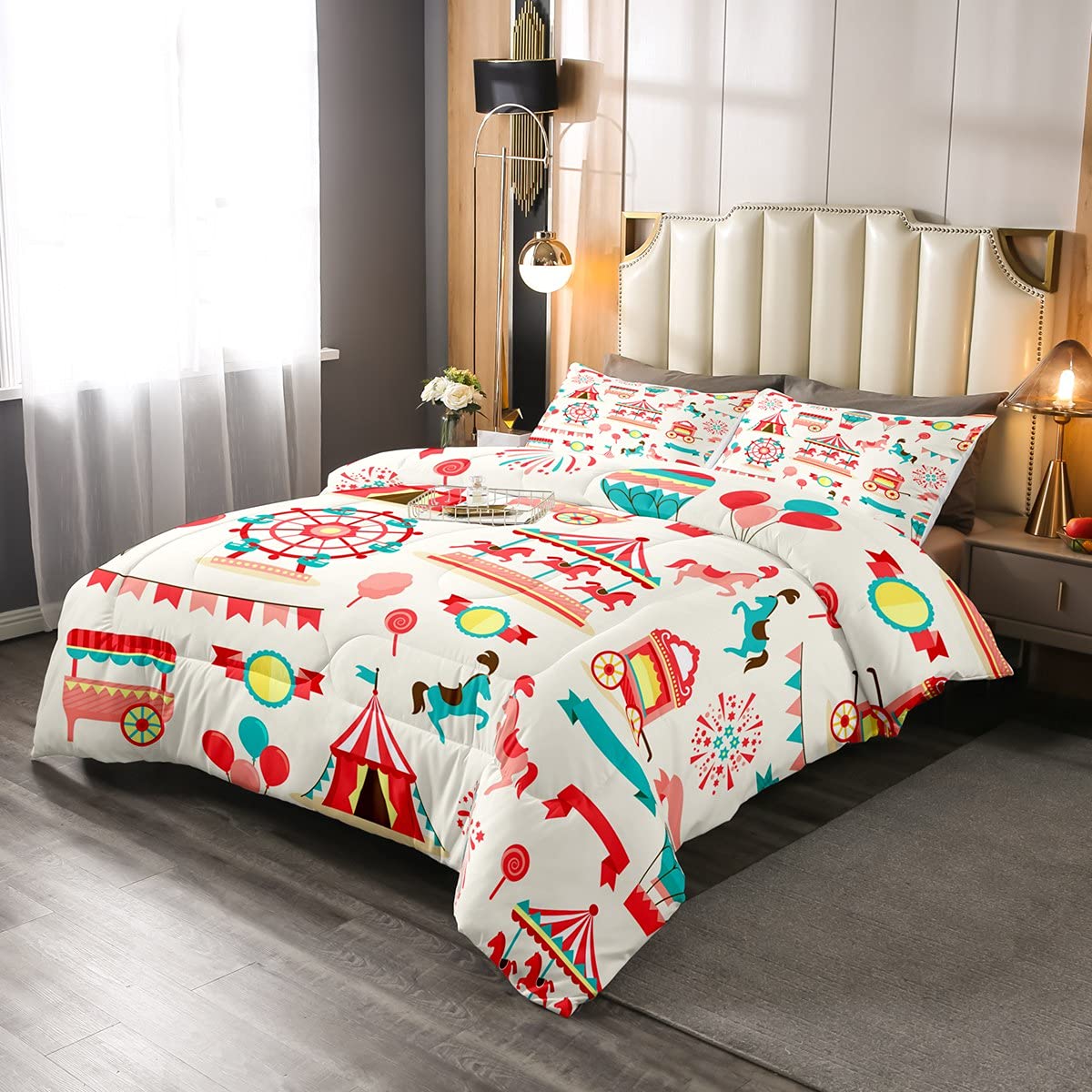 Juego de ropa de cama de parque de atracciones, edredón para niños y niñas, diseño de globo rosa azul y azul, 3 piezas