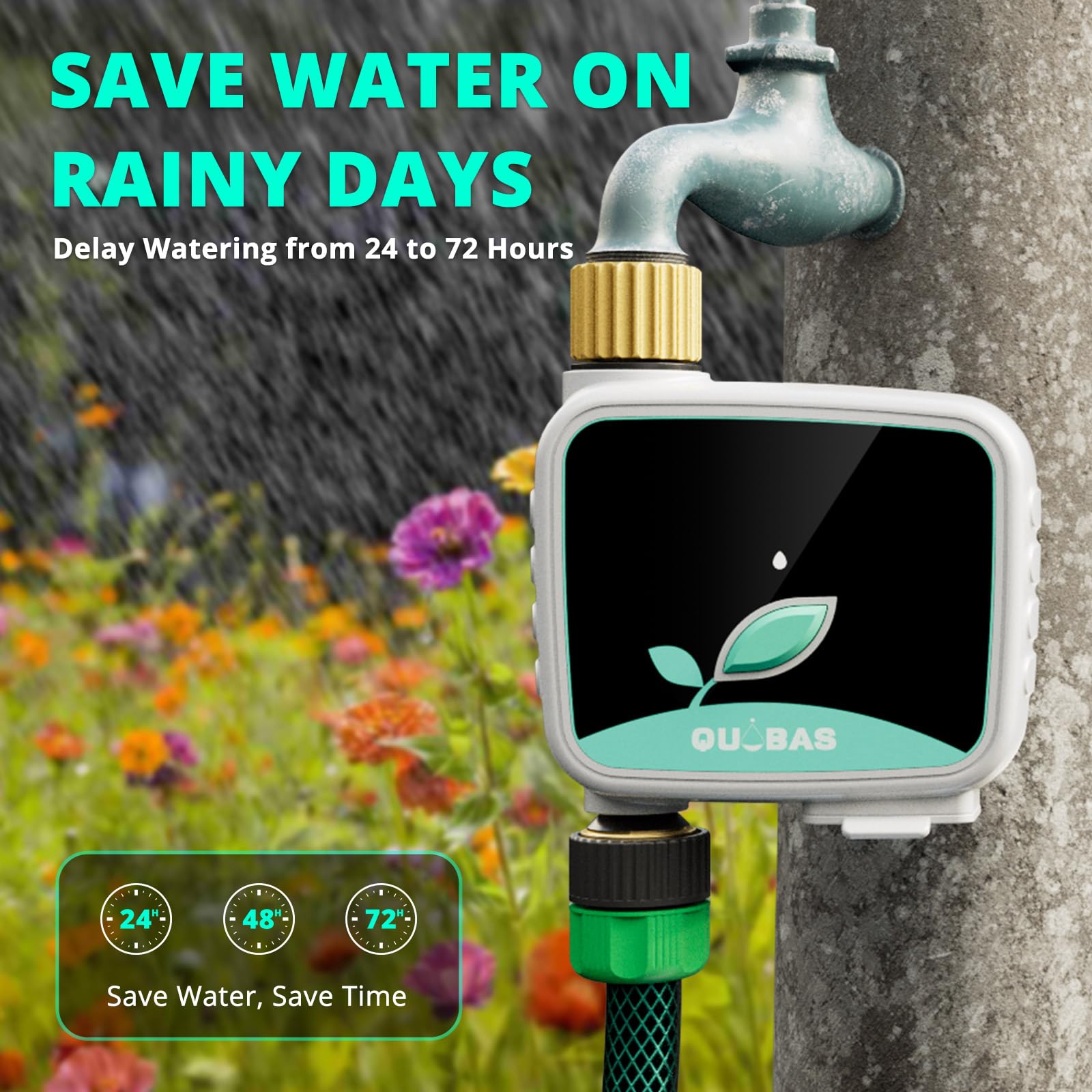 QUOBAS Timer irrigatore WiFi con ingresso e uscita in ottone, timer intelligente per tubo da giardino con telecomando APP, irrigazione manuale, irrigazione ritardata della pioggia, per prato, giardino