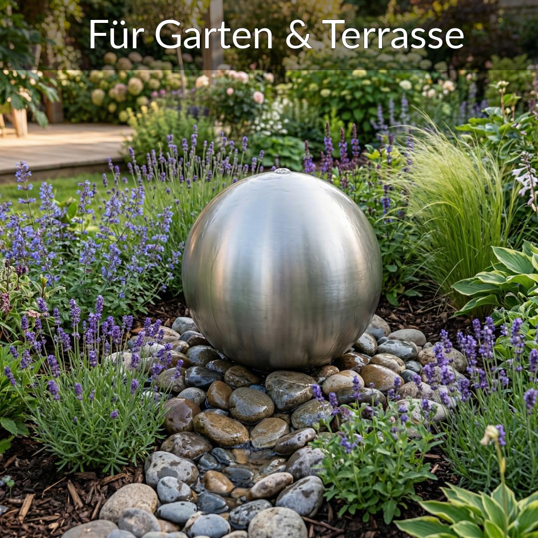 Kugelbrunnen aus matt gebürstetem Edelstahl D: 48 cm – Edelstahlkugel matt für Gartenbrunnen, Wasserspiel Garten, 30 mm Lochbohrung, 1/2 Zoll Schlauchanschluss, Edelstahlbrunnen für DIY Brunnenanlagen