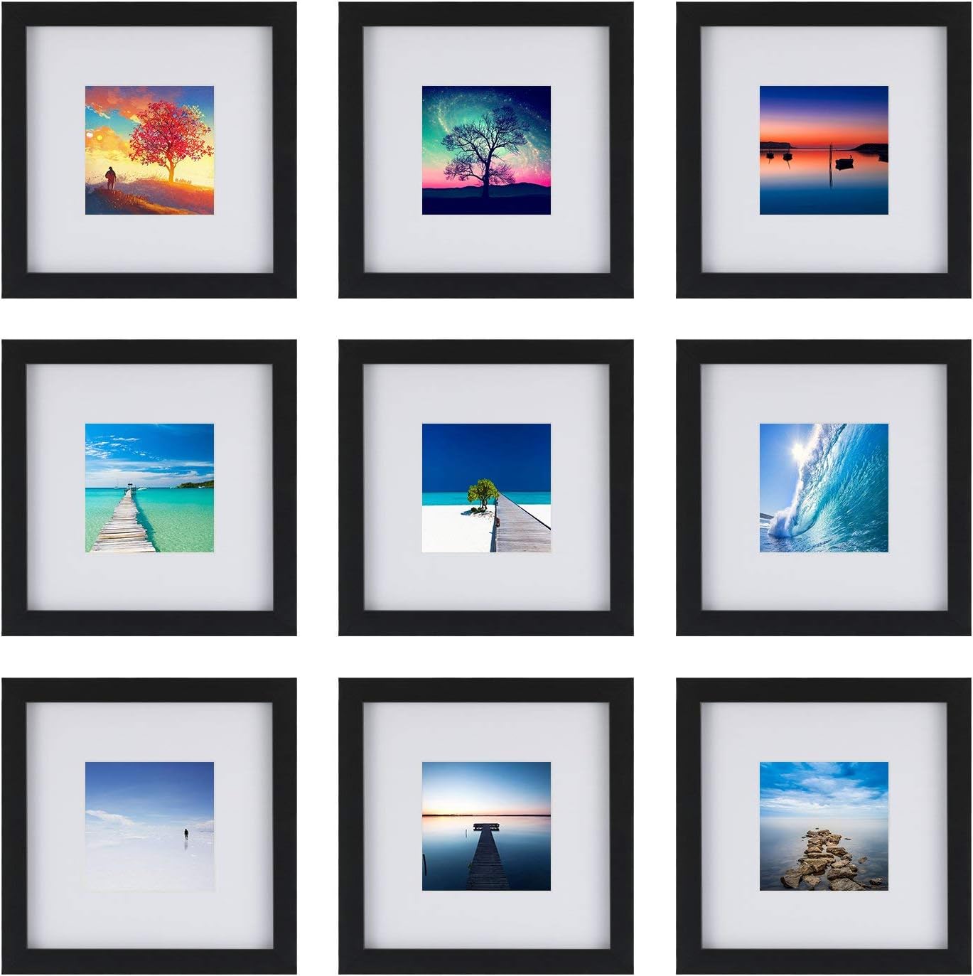 ONE WALL Tempered Glass 9 PCS 8x8 Picture Frame with Mats for 5x5, 4x4 Photo, Black Wood Frame for Wall and Tabletop - Mounting Hardware Included