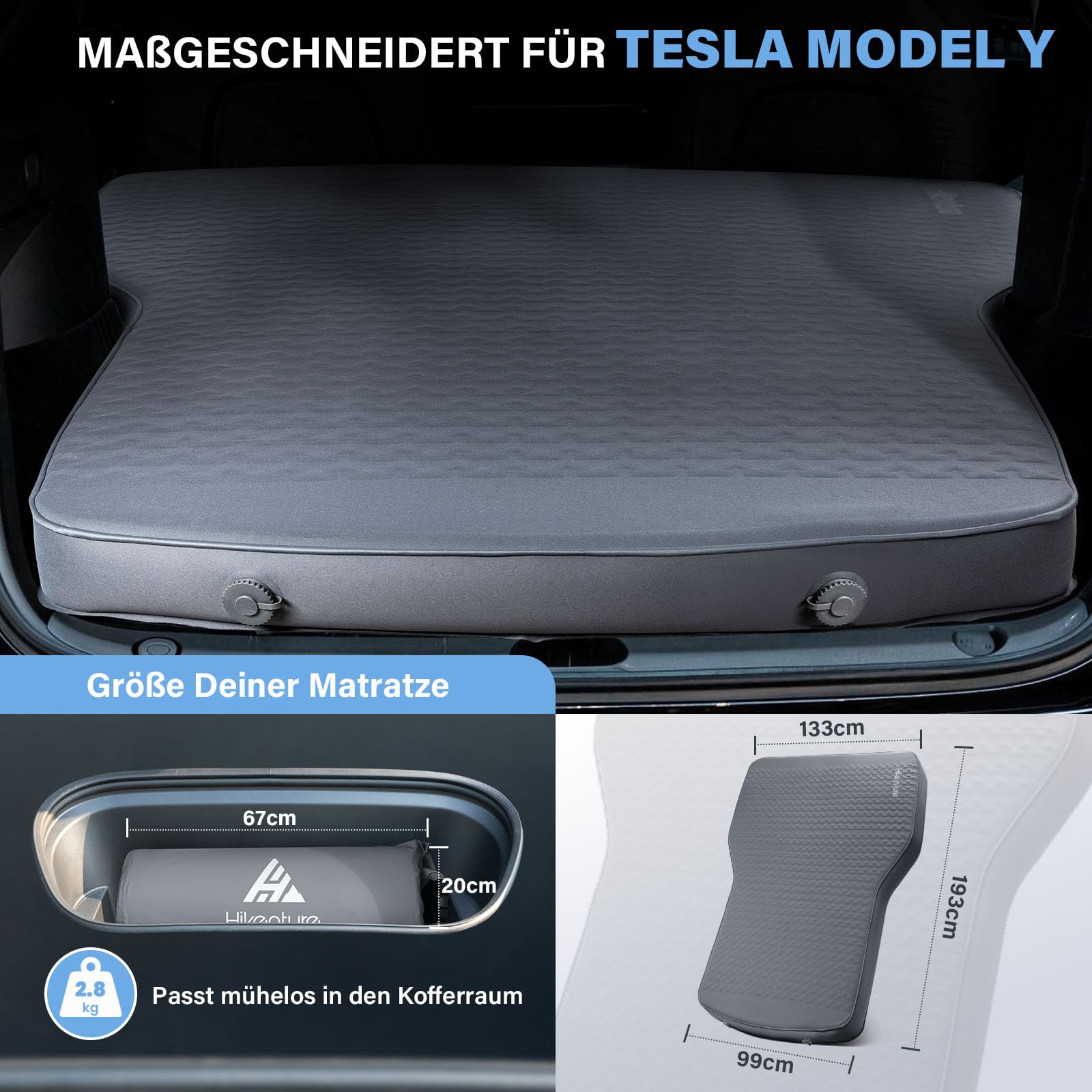 HIKENTURE Materasso da campeggio Tesla Model Y/3 2025 ultraleggero, 8 cm, auto gonfiabile memory foam, tappetino dormire 40% compatto