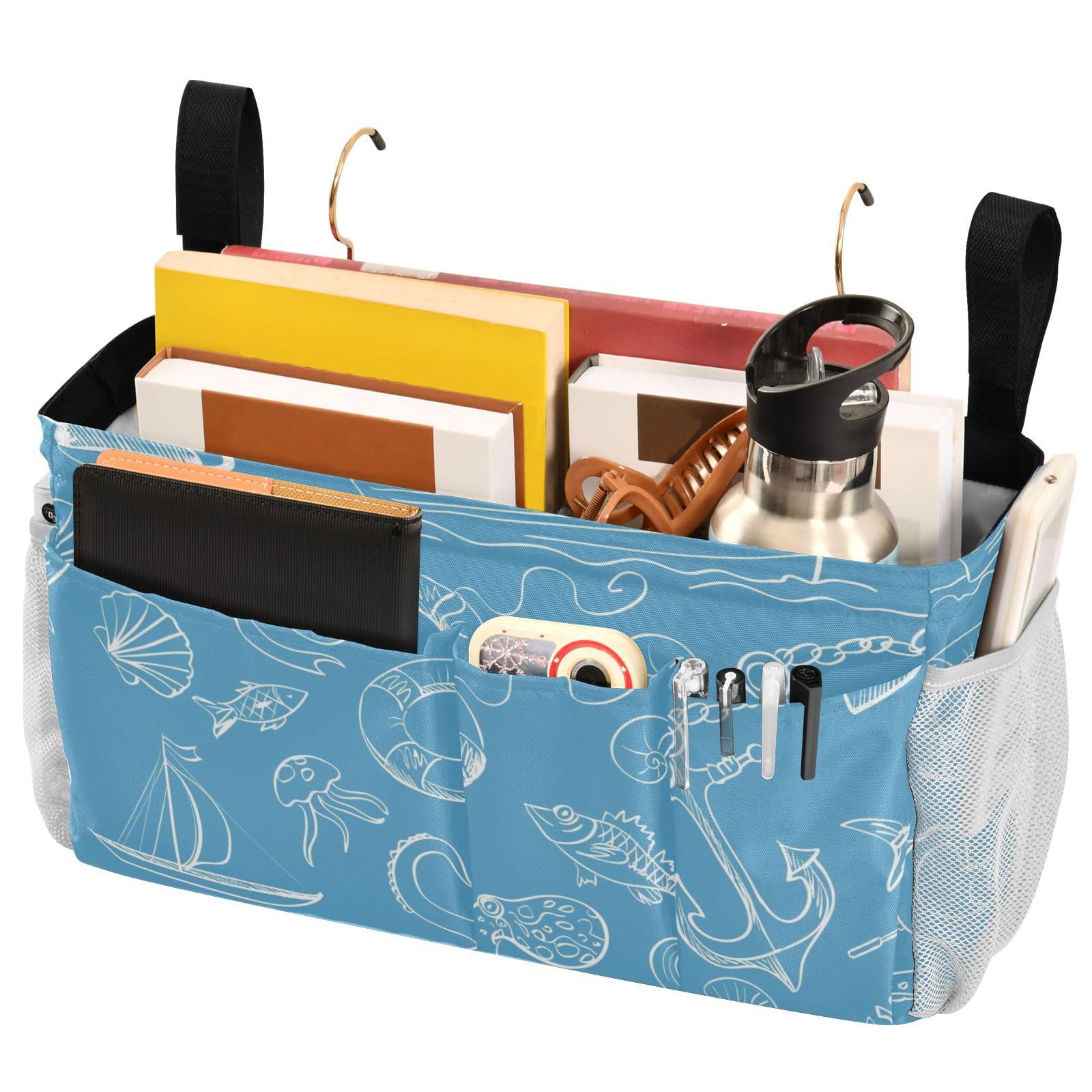 FRODOTGV Nautical Marine Themed Pattern Blue Bedside Hanging Storage Basket Bedside Hanging Storage Bag for Bed Rails
